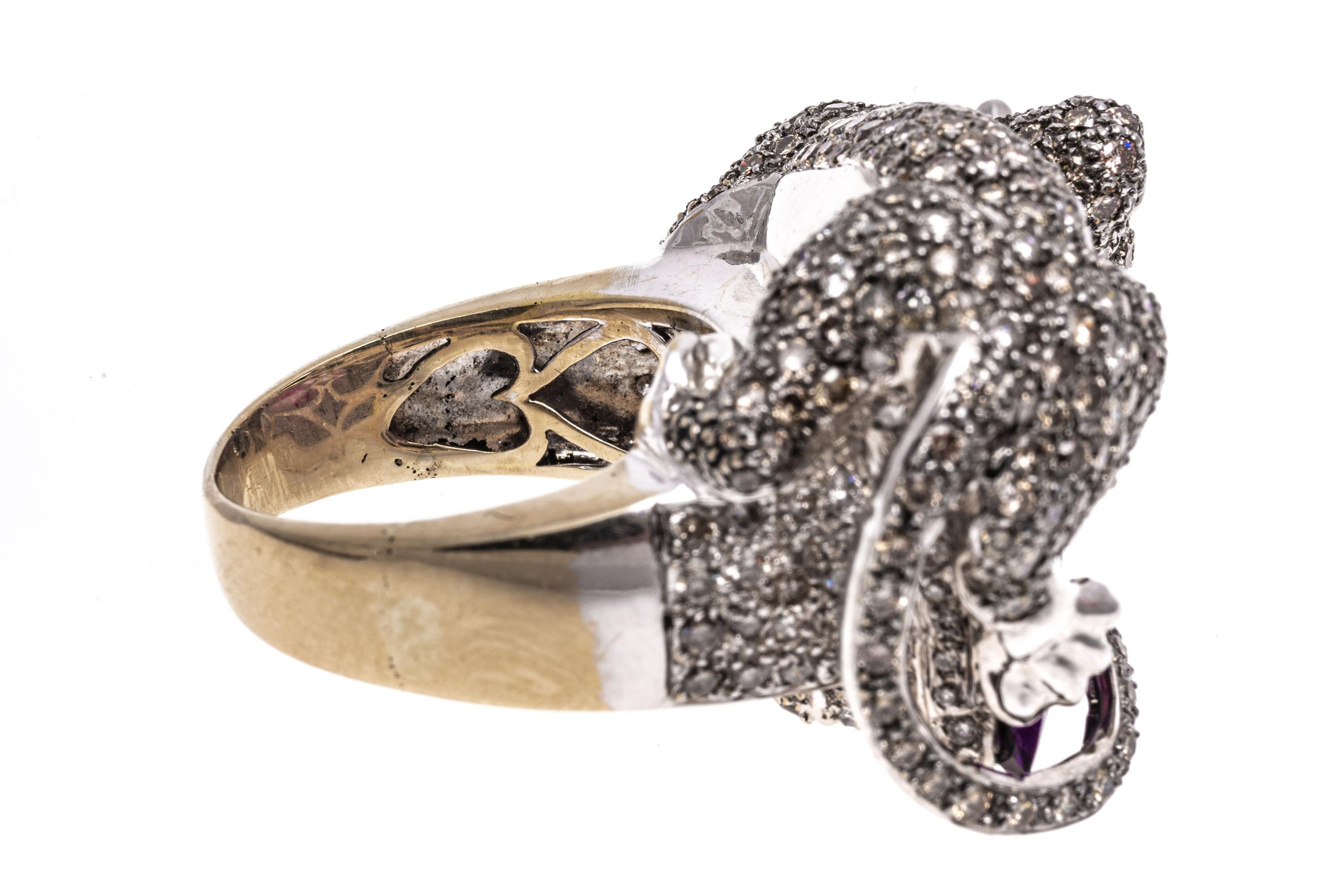 Contemporary 14k Gold Pave Diamond Panther Ring Atop An Amethyst, App. 13.64 CTS