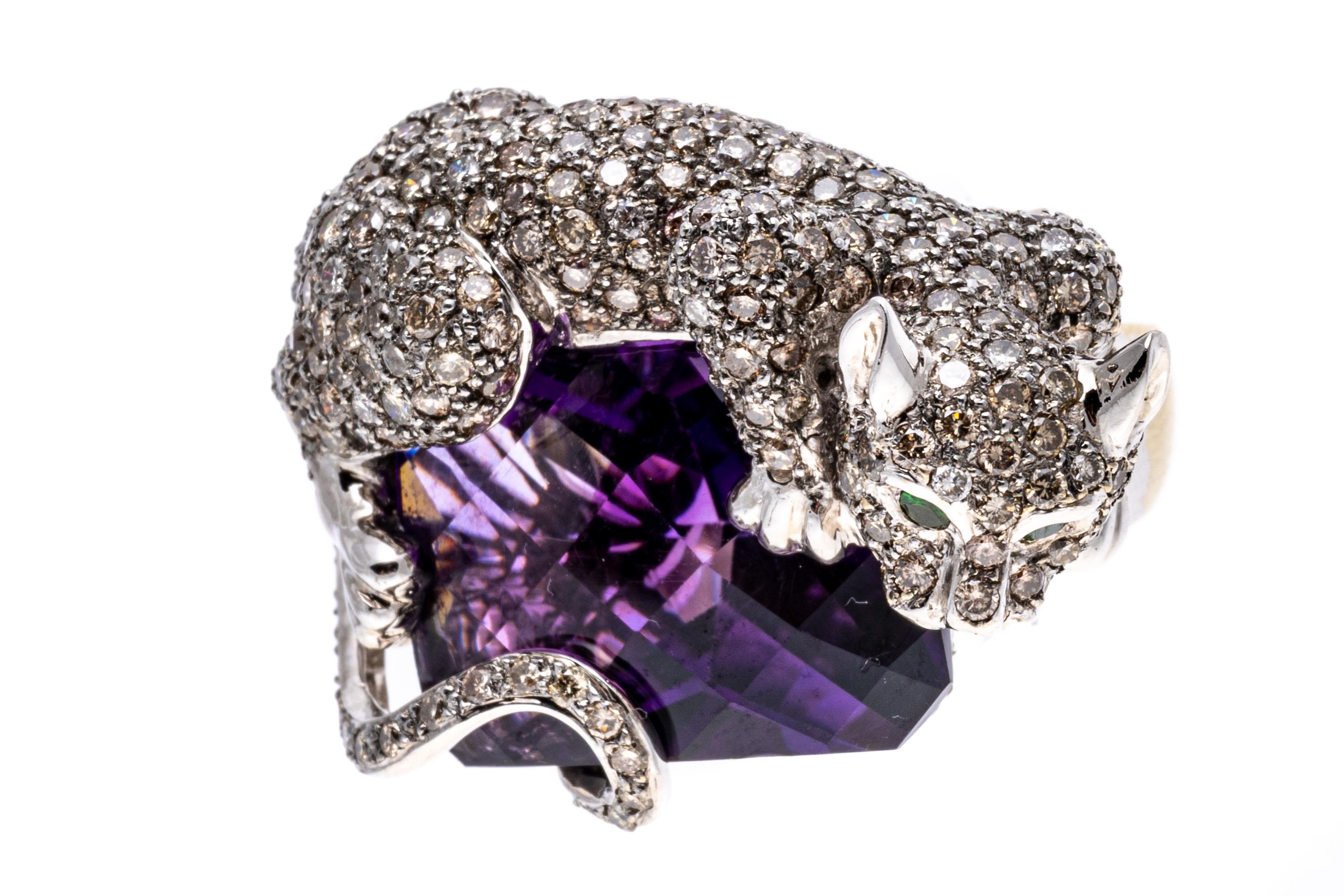 Round Cut 14k Gold Pave Diamond Panther Ring Atop An Amethyst, App. 13.64 CTS