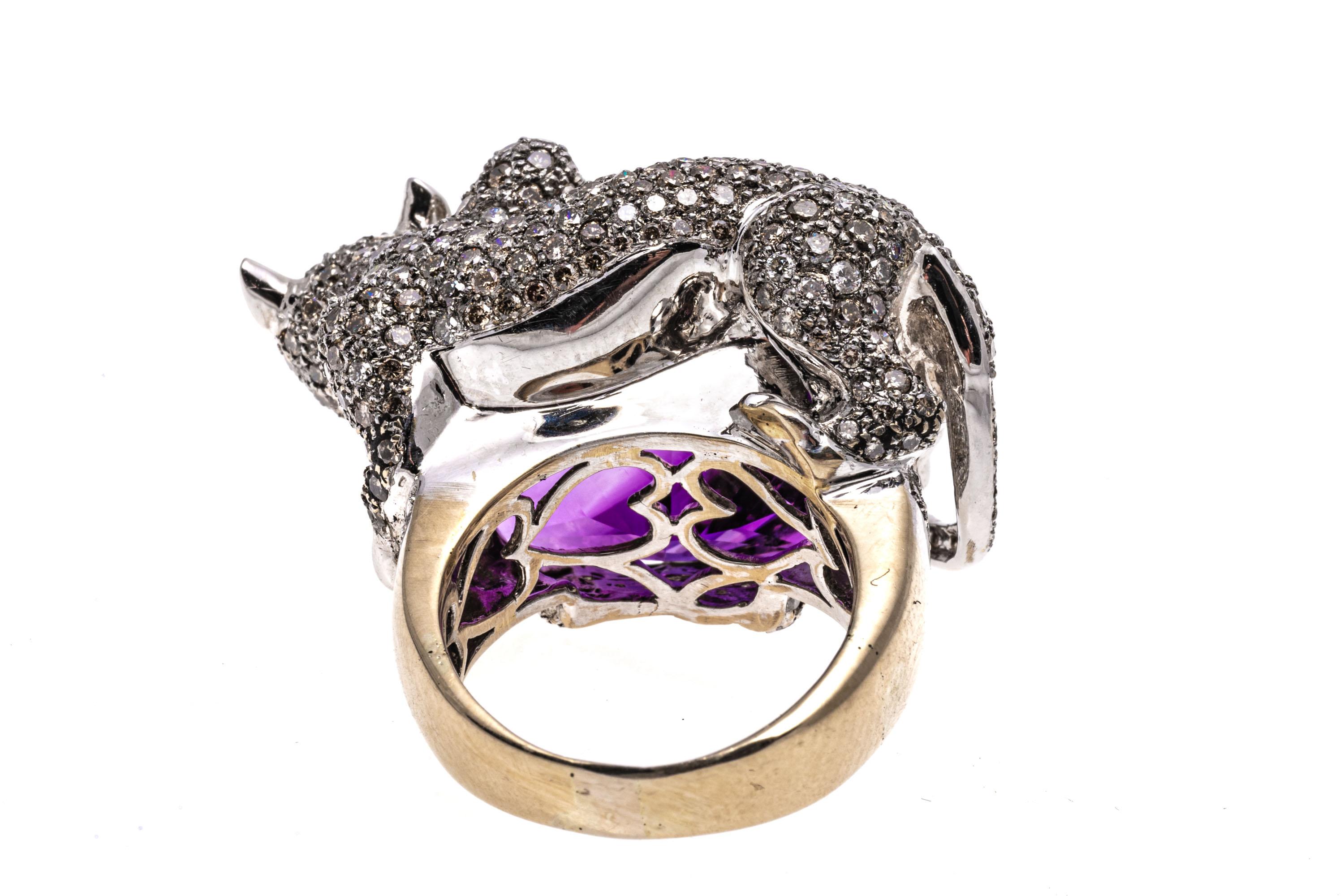Women's 14k Gold Pave Diamond Panther Ring Atop An Amethyst, App. 13.64 CTS