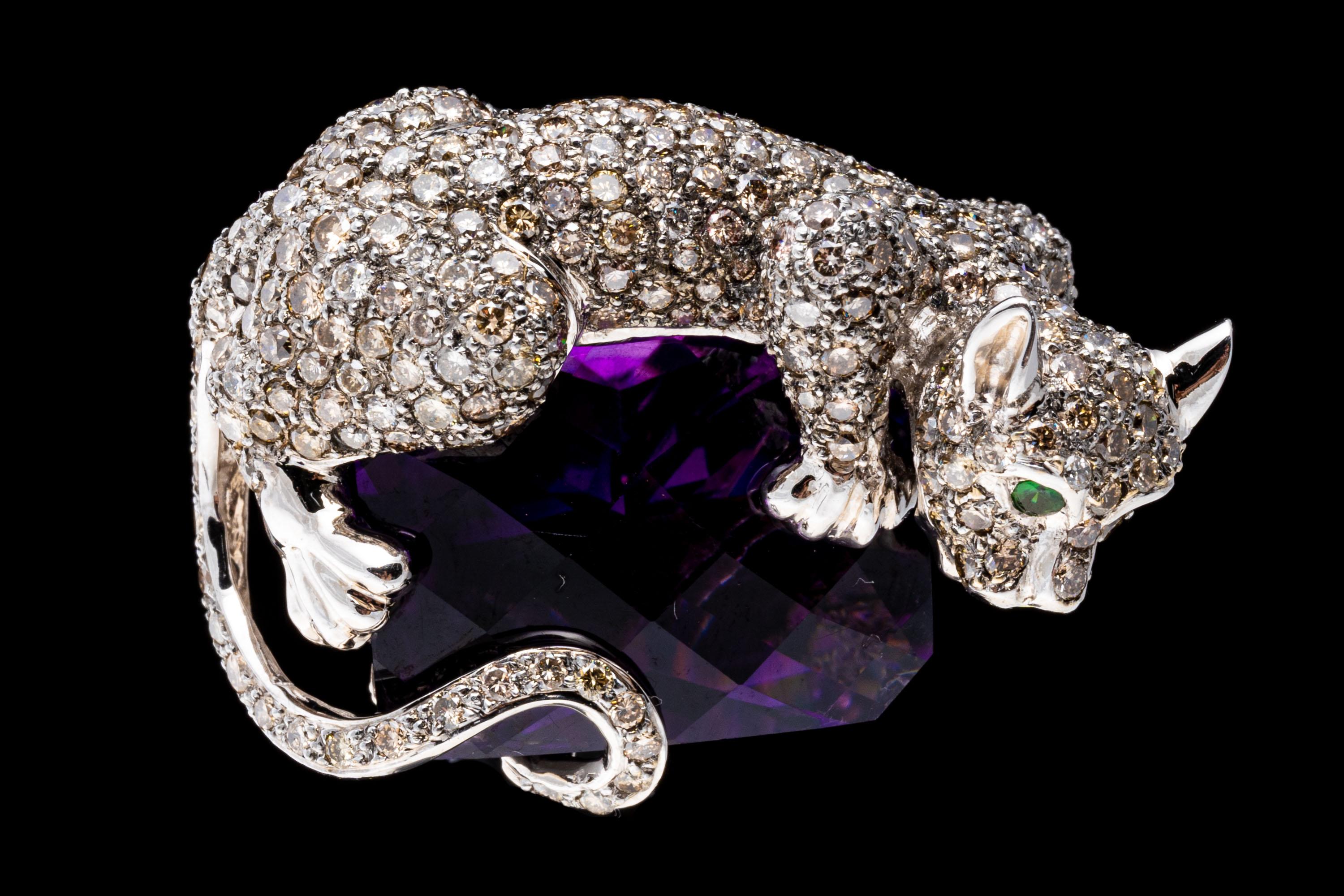 14k Gold Pave Diamond Panther Ring Atop An Amethyst, App. 13.64 CTS 2