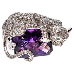 14k Gold Pave Diamond Panther Ring Atop An Amethyst, App. 13.64 CTS