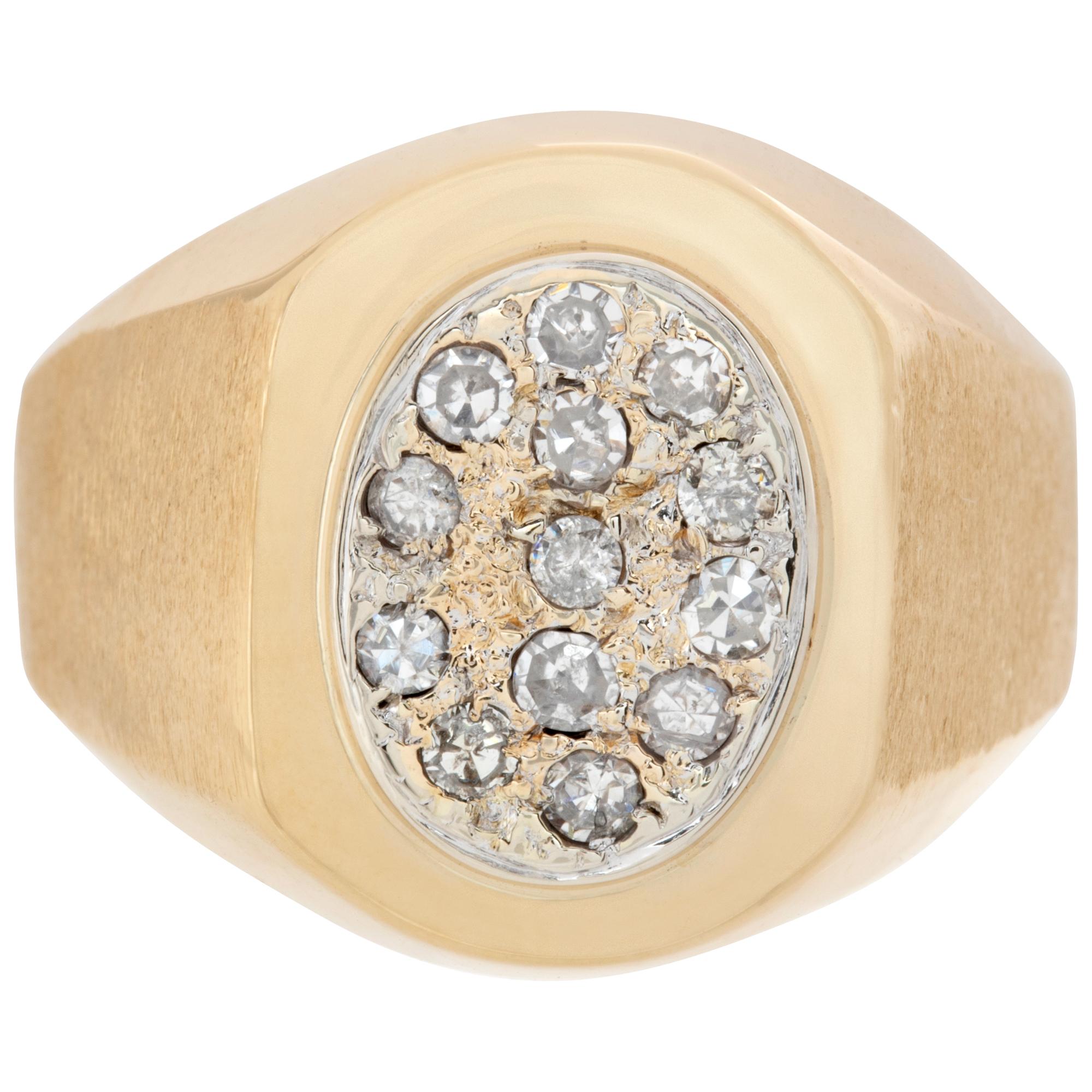 Mens Pave diamond signet ring with approximately 0.35 carats in round cut diamonds. Size 9.5.This Diamond ring is currently size 9.5 and some items can be sized up or down, please ask! It weighs 7.2 pennyweights and is 14k.
