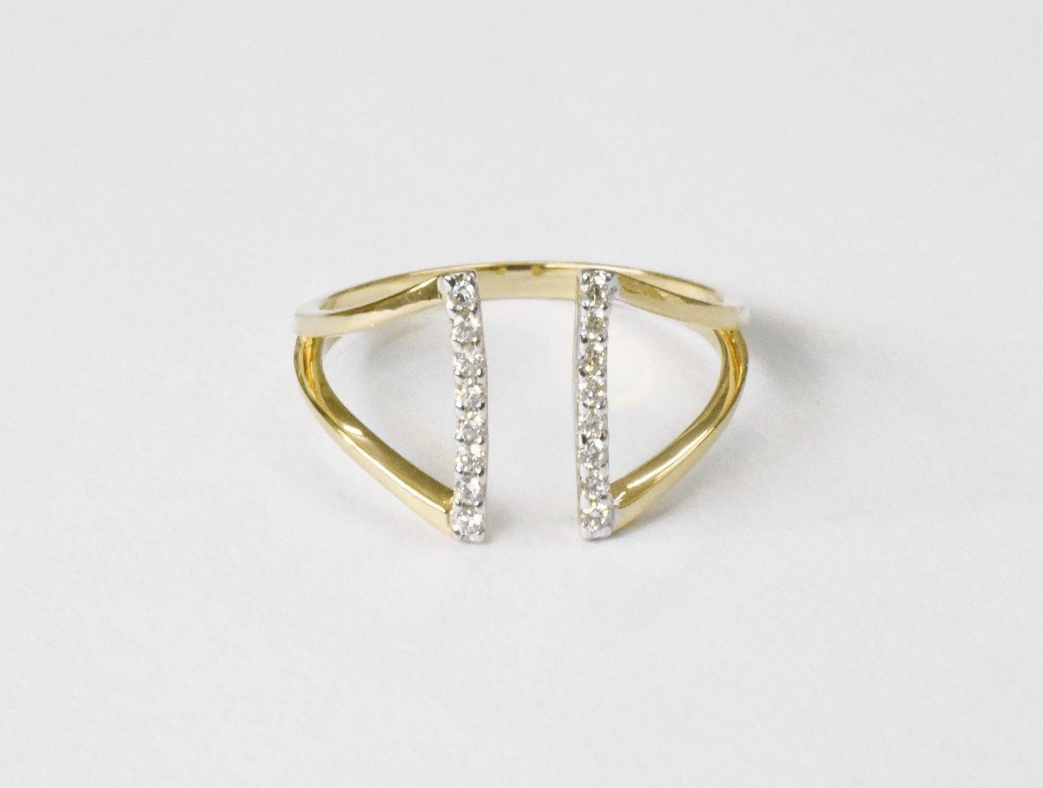 For Sale:  14K Gold Pave Diamond Two Bar Open Ring Unique Parallel Bar Ring 5
