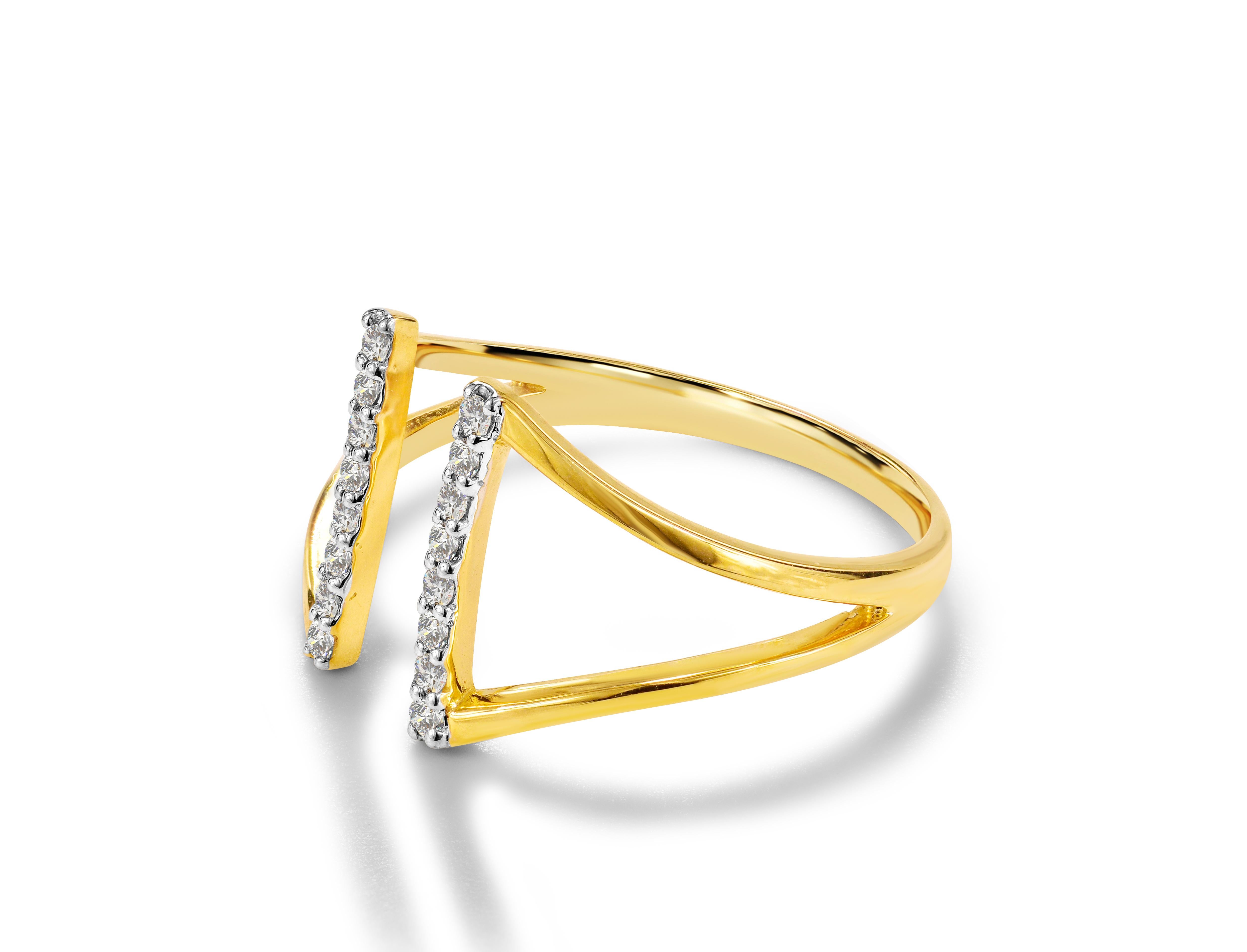 For Sale:  14K Gold Pave Diamond Two Bar Open Ring Unique Parallel Bar Ring 3