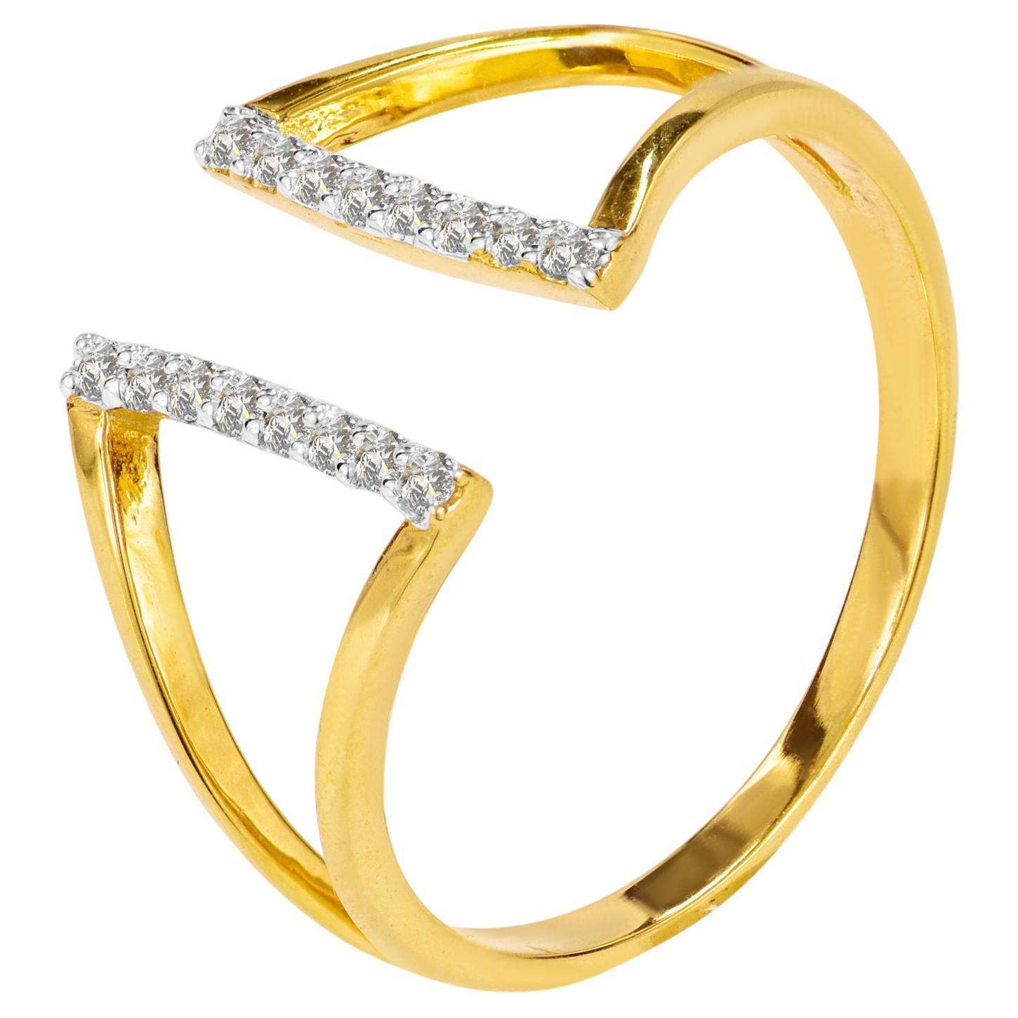 For Sale:  14K Gold Pave Diamond Two Bar Open Ring Unique Parallel Bar Ring
