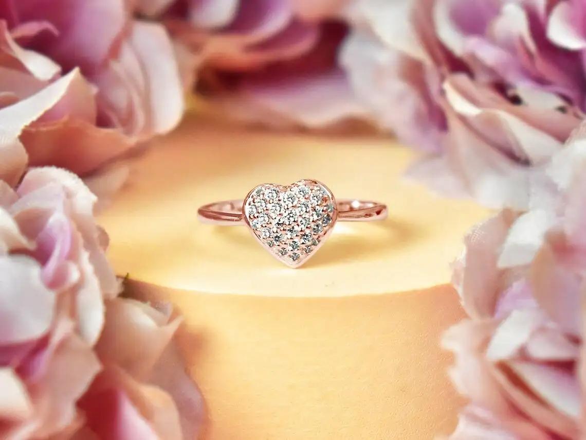 For Sale:  14k Gold Pave Heart Ring Diamond Heart Ring Heart Ring Engagement Gift 2