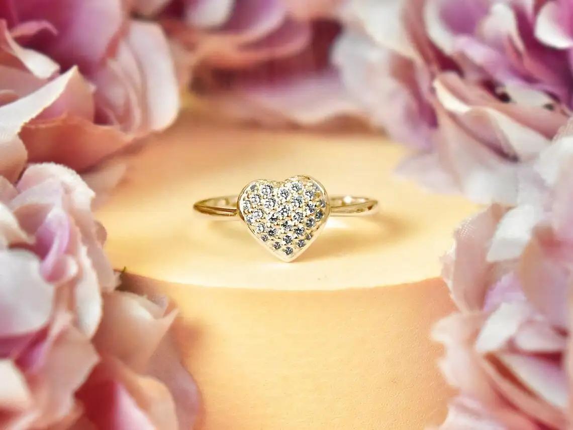 For Sale:  14k Gold Pave Heart Ring Diamond Heart Ring Heart Ring Engagement Gift 3
