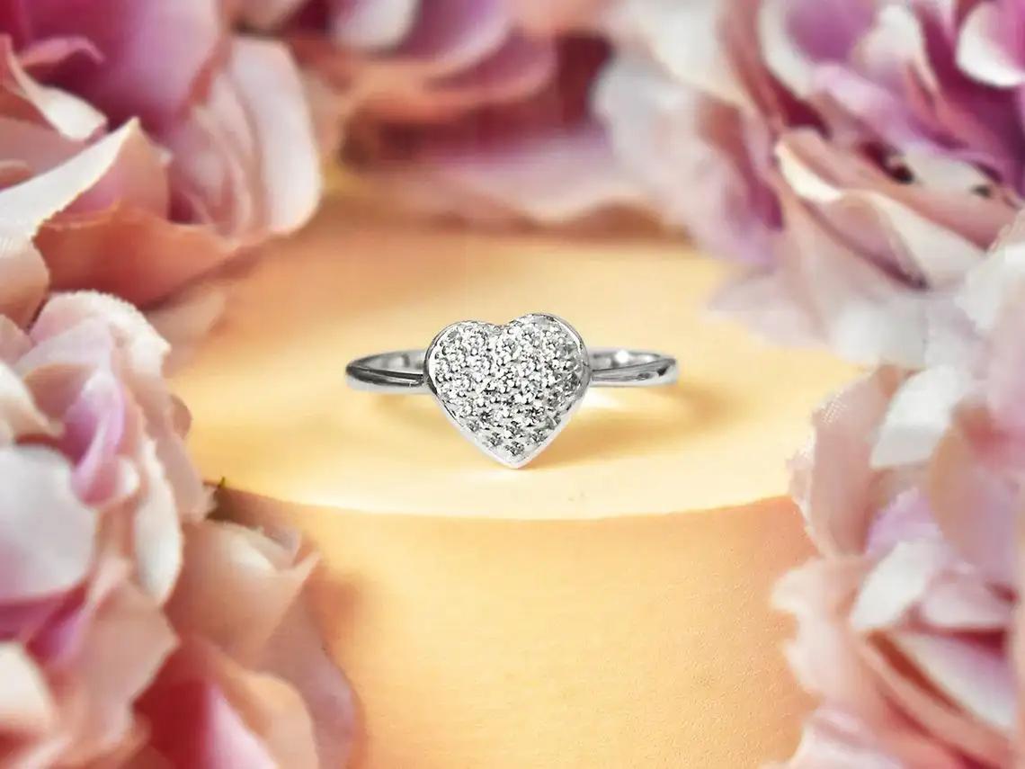 For Sale:  14k Gold Pave Heart Ring Diamond Heart Ring Heart Ring Engagement Gift 4