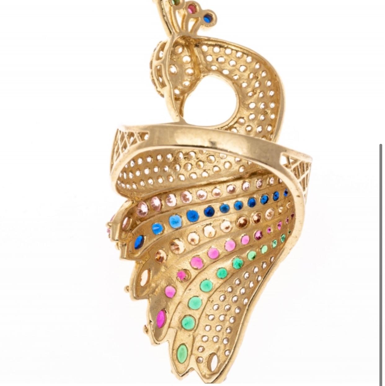 Contemporary 14k Gold Peacock Ring with Synthetic Gems For Sale