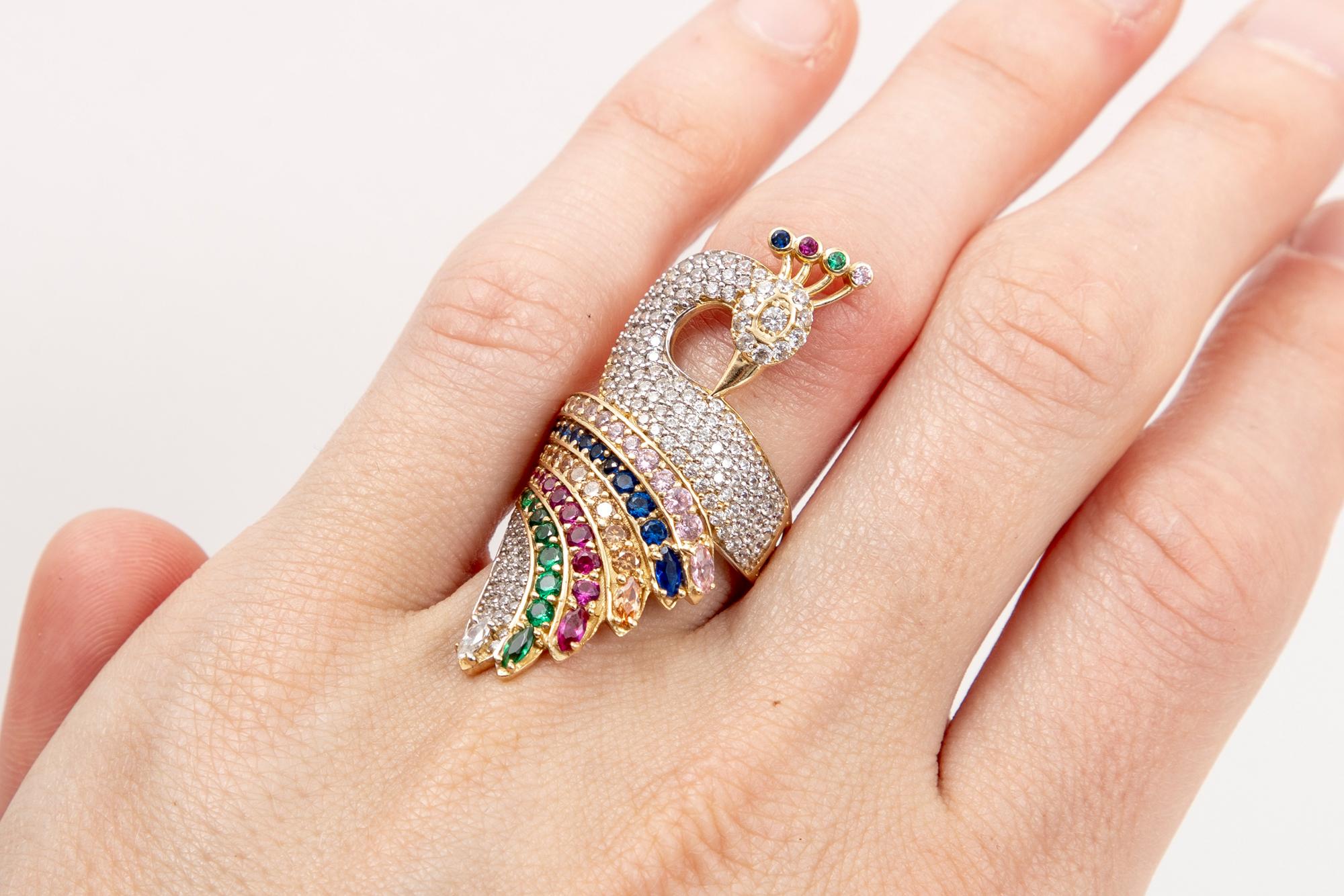 Women's 14k Gold Peacock Ring with Synthetic Gems For Sale