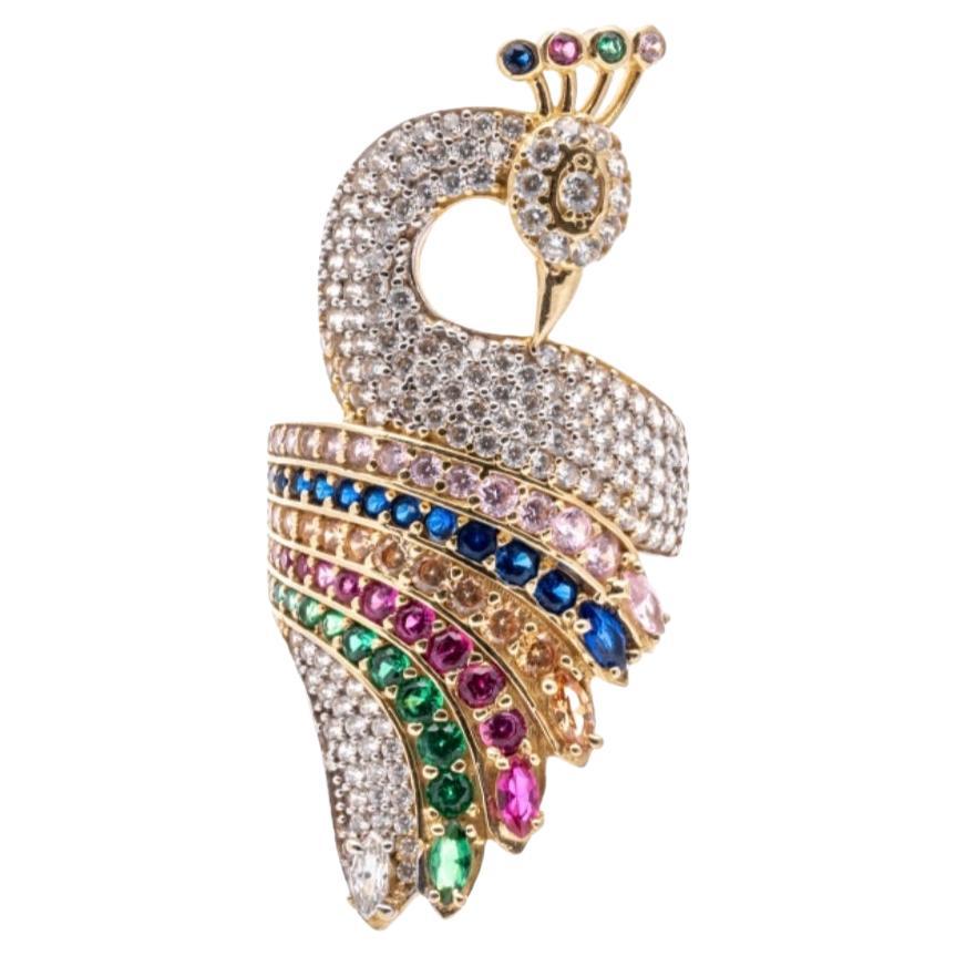 14k Gold Peacock Ring with Synthetic Gems