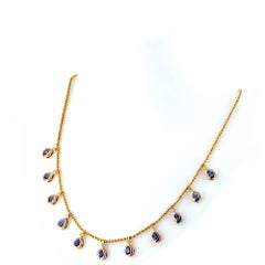 14K Gold Pear 4.80 Carat Blue Sapphire & Diamond Bezel Drop Fringe Necklace