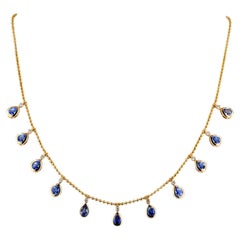 14K Gold Pear 4.80 Carat Blue Sapphire & Diamond Bezel Drop Fringe Necklace