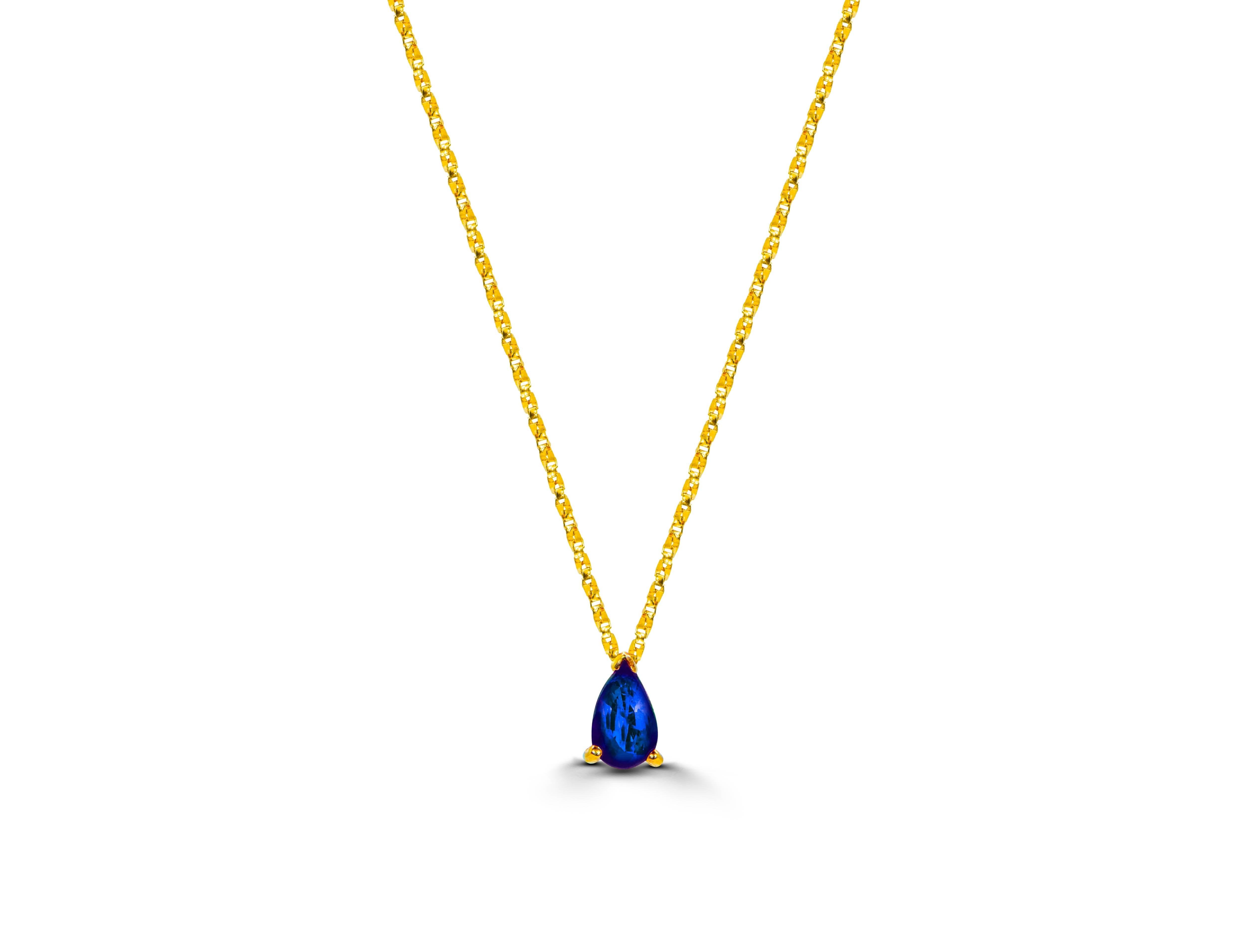 Modern 14k Gold Pear Cut Sapphire Solitaire Necklace Genuine Sapphire Necklace For Sale