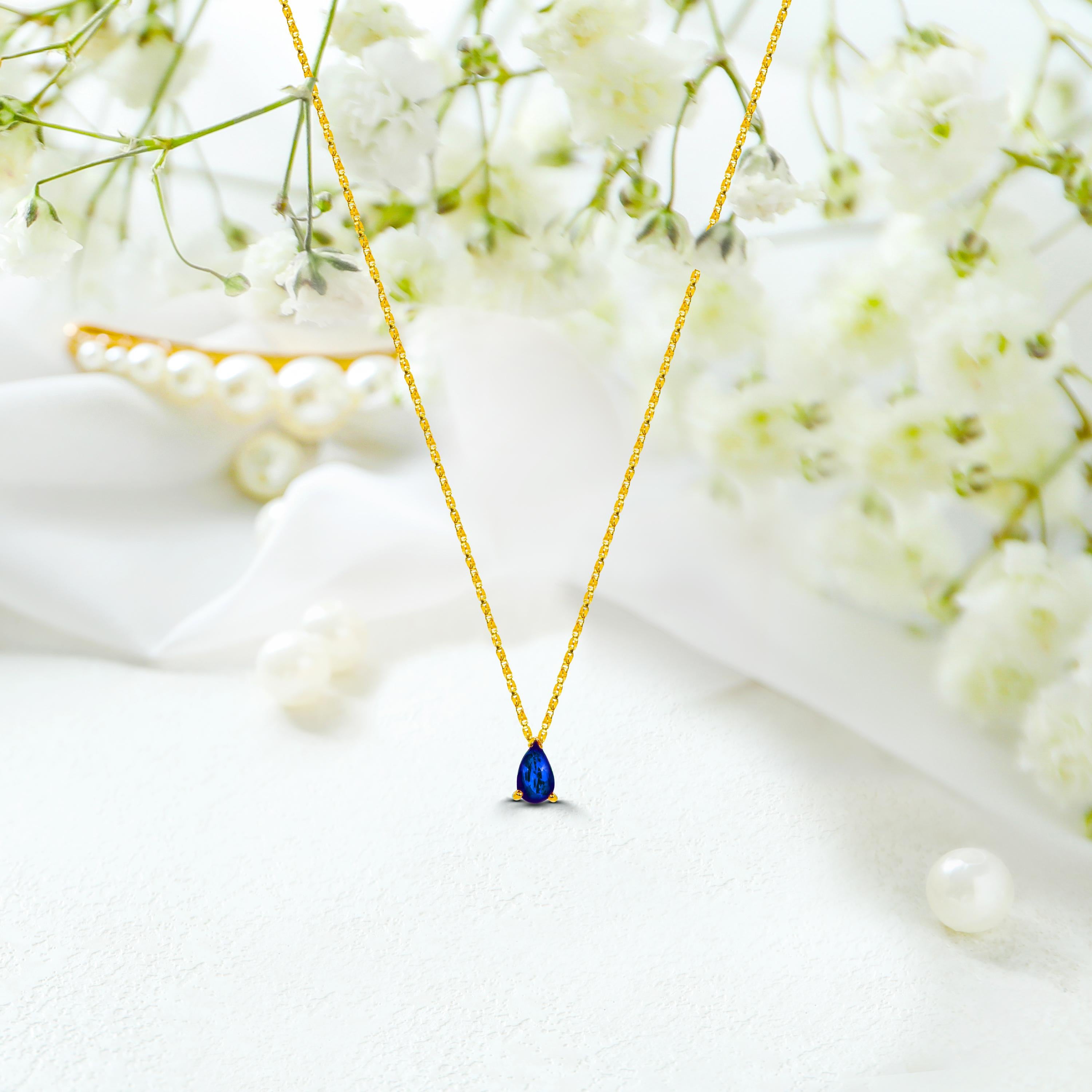 Women's or Men's 14k Gold Pear Cut Sapphire Solitaire Necklace Genuine Sapphire Necklace For Sale