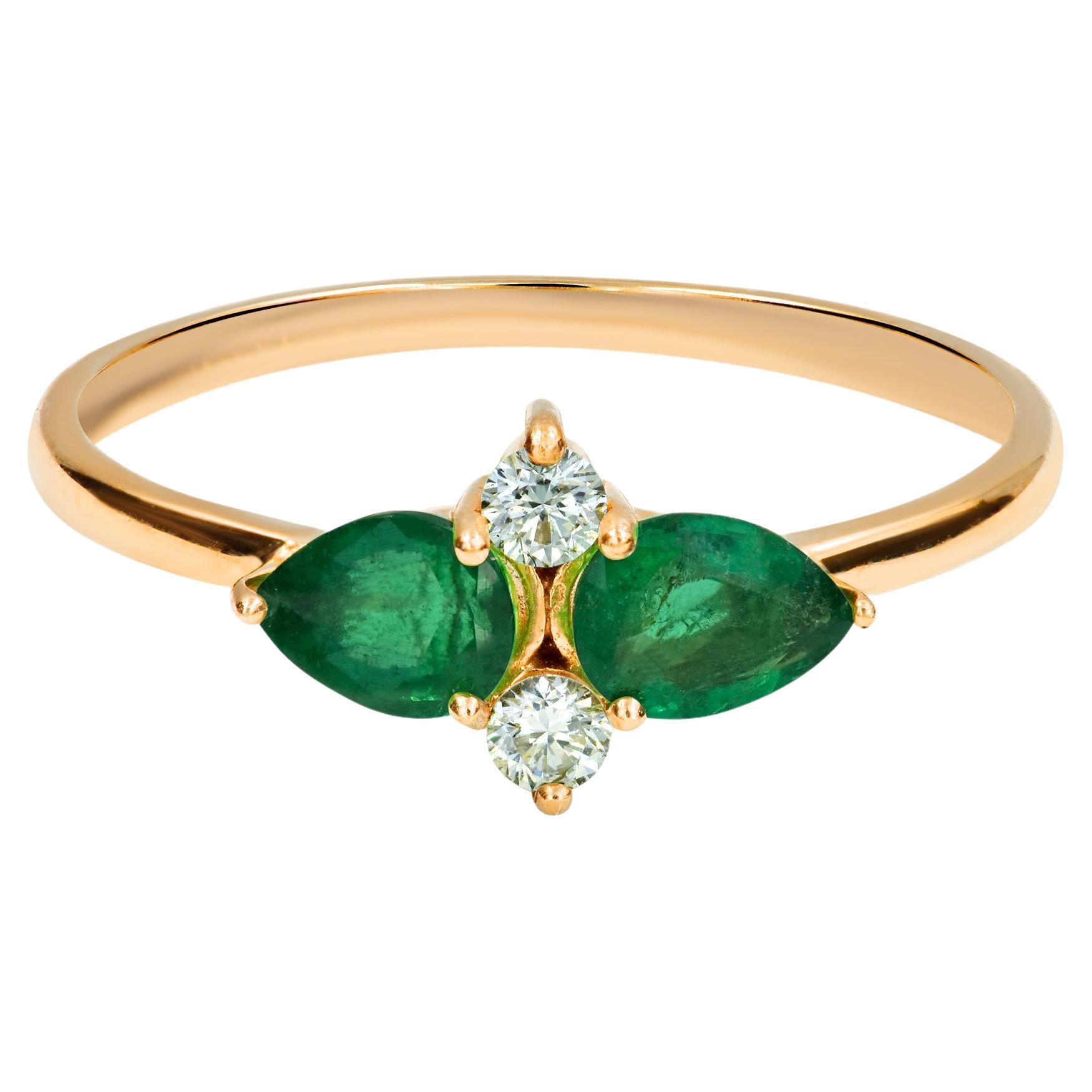 For Sale:  14k Gold Pear Shape 0.56 Carat Emerald and Diamond Engagement Ring