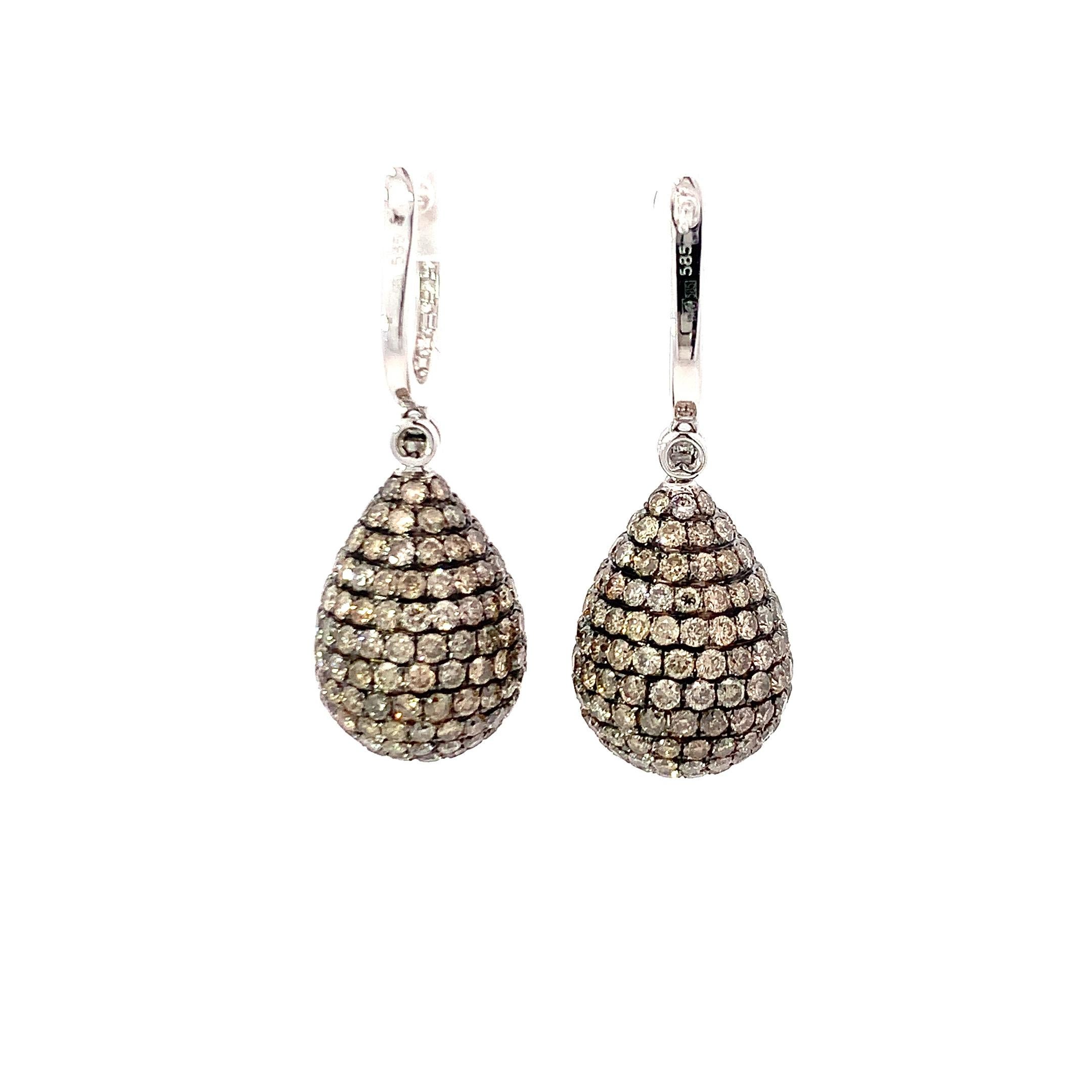 Brilliant Cut 14K Gold Pear Shape Earrings with White and Brown Diamonds