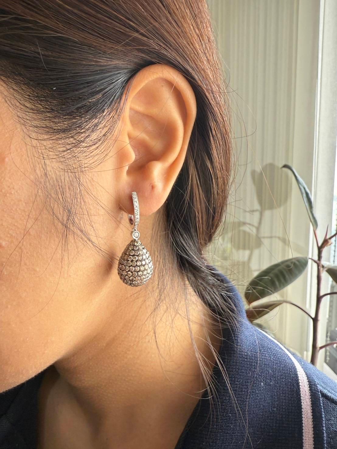 Men's 14K Gold Pear Shape Earrings with White and Brown Diamonds