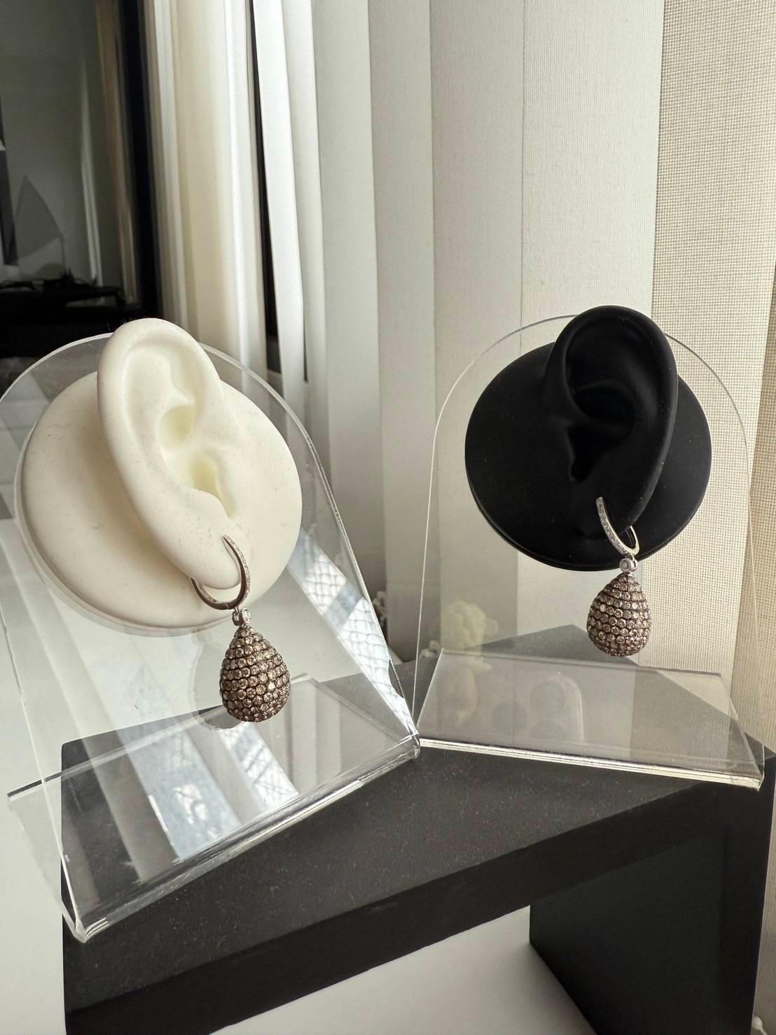 14K Gold Pear Shape Earrings with White and Brown Diamonds 1