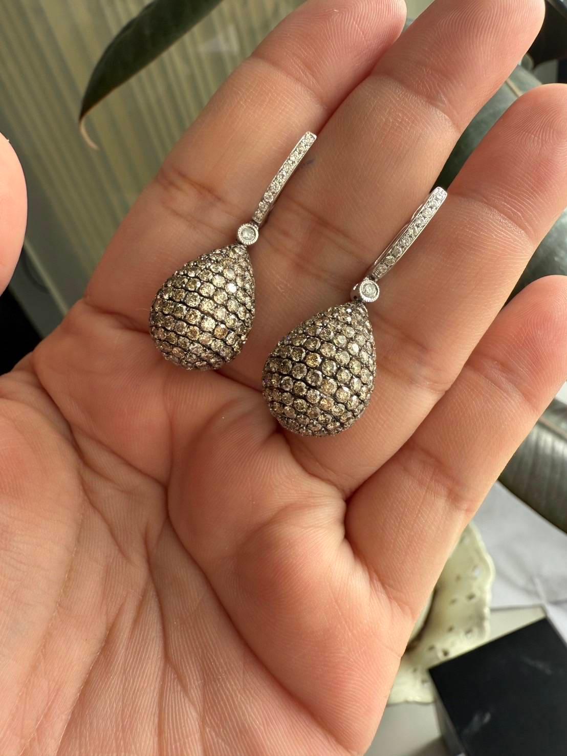 14K Gold Pear Shape Earrings with White and Brown Diamonds 2