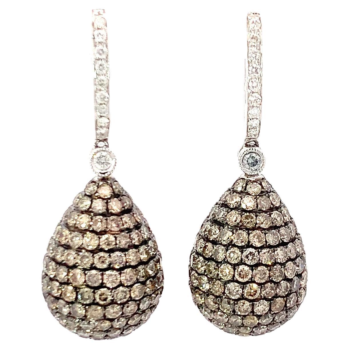 14K Gold Pear Shape Earrings with White and Brown Diamonds