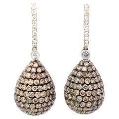 14K Gold Pear Shape Earrings with White and Brown Diamonds