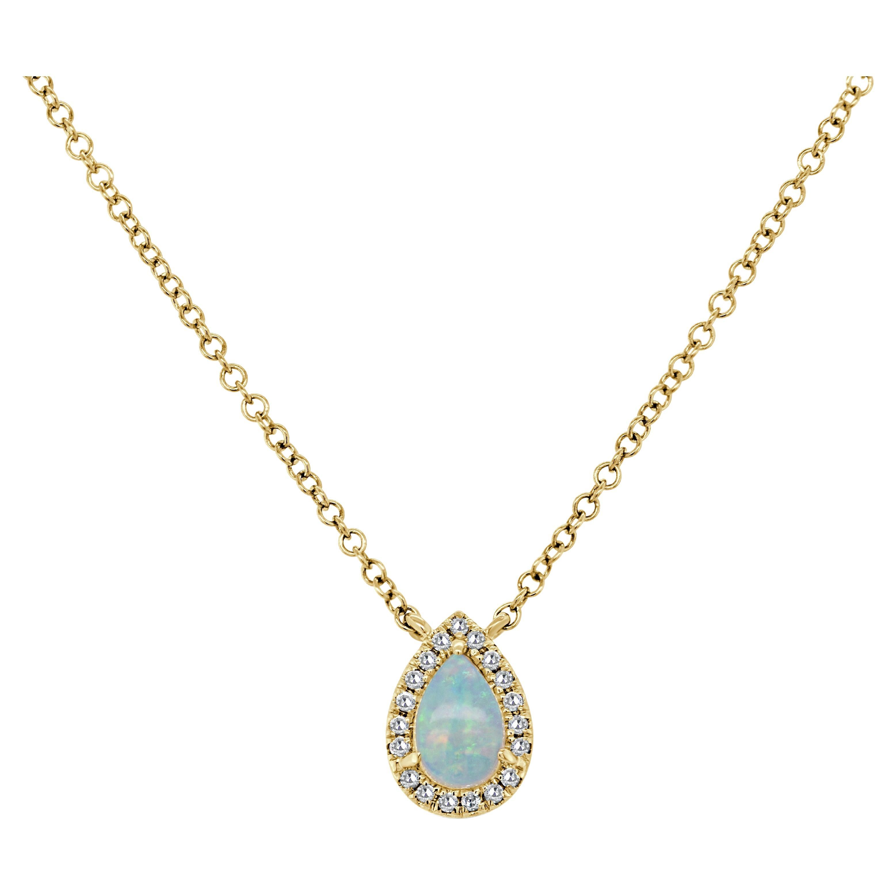 14k Gold Pear Shape Opal & Diamond Necklace For Sale