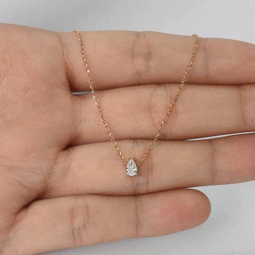 14k Gold Pear Shaped Diamond Necklace Diamond Solitaire Layering Necklace For Sale 1