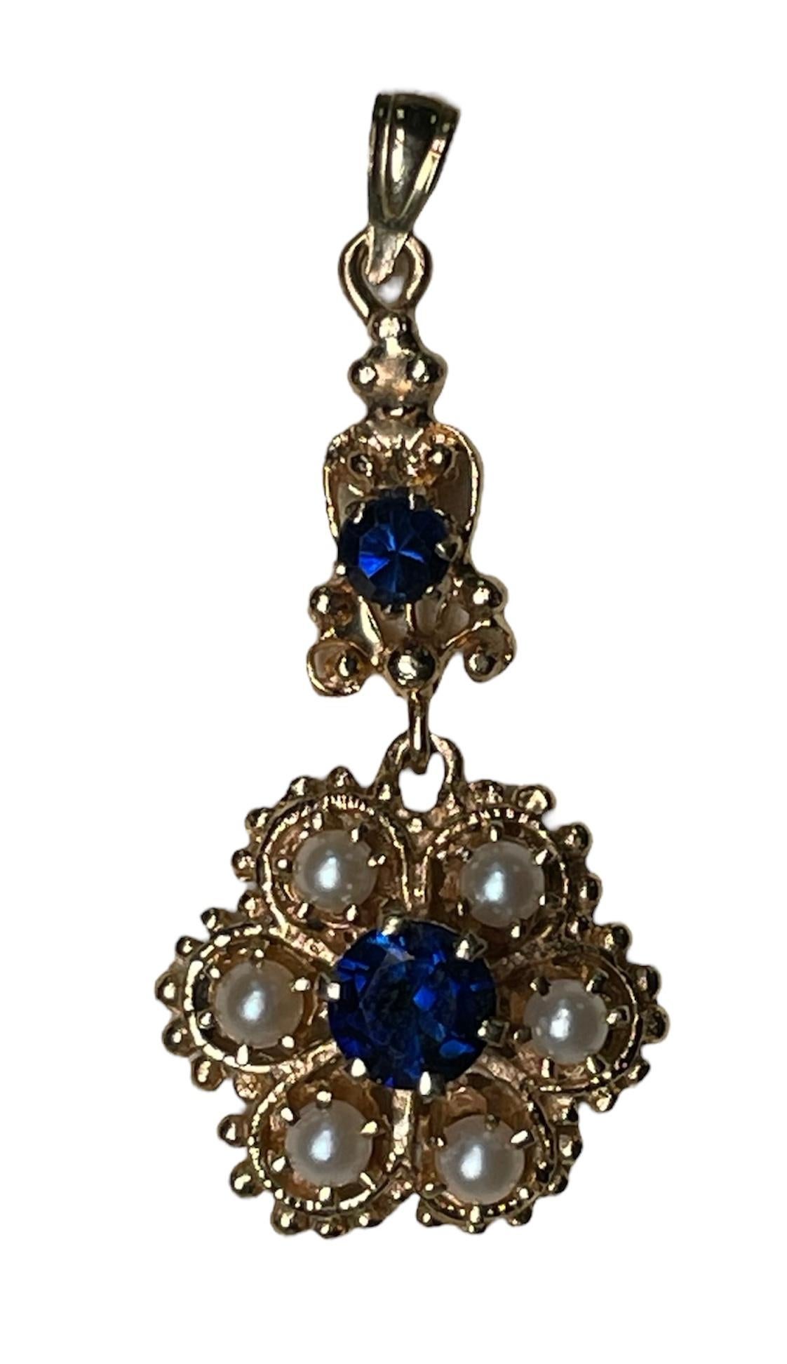 Victorian 14K Gold Pearl And Blue Topaz Flower Pendant For Sale