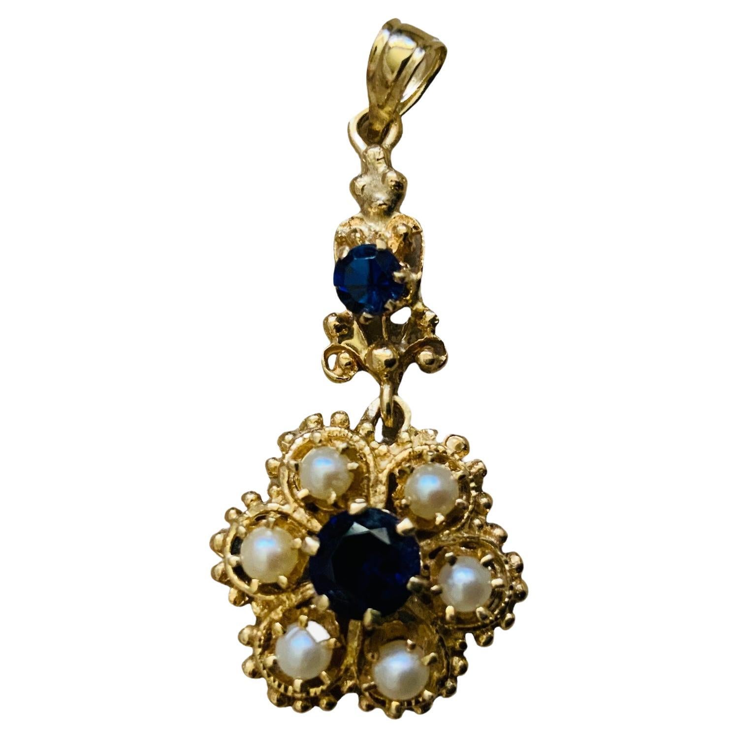 14K Gold Pearl And Blue Topaz Flower Pendant
