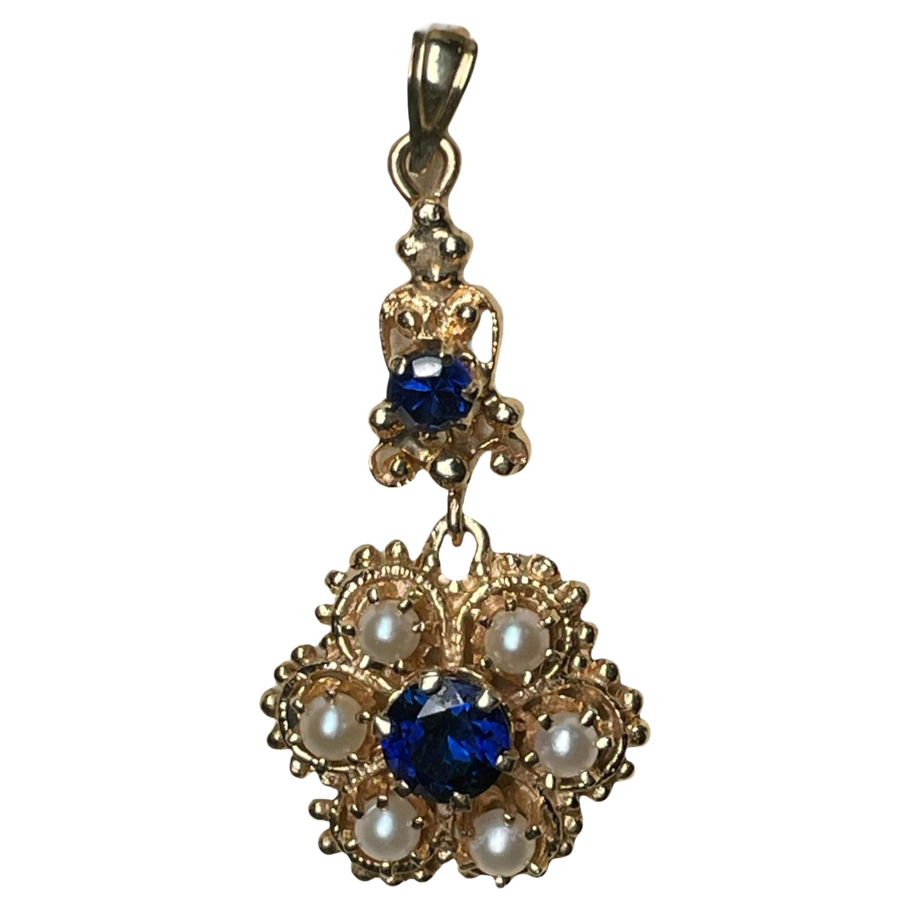 14K Gold Pearl And Blue Topaz Flower Pendant