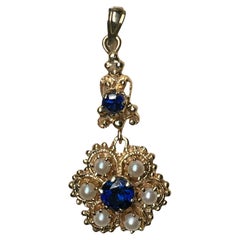 Vintage 14K Gold Pearl And Blue Topaz Flower Pendant