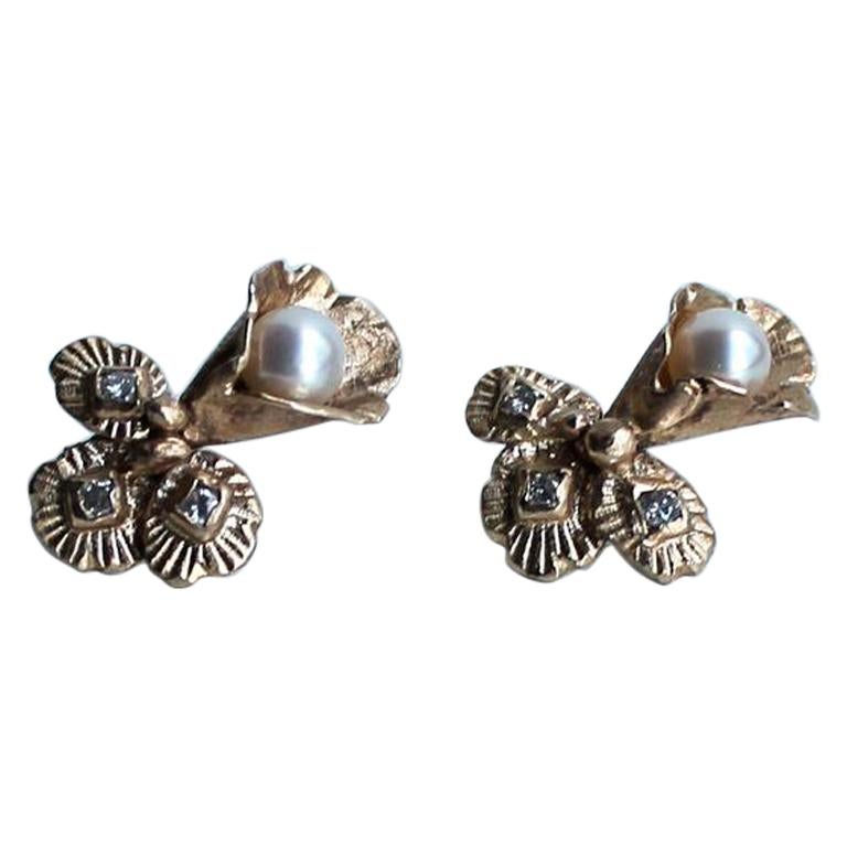 14k Gold Pearl and Diamond Lily Earring Studs by Franny E For Sale