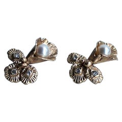14k Gold Pearl and Diamond Lily Earring Studs by Franny E