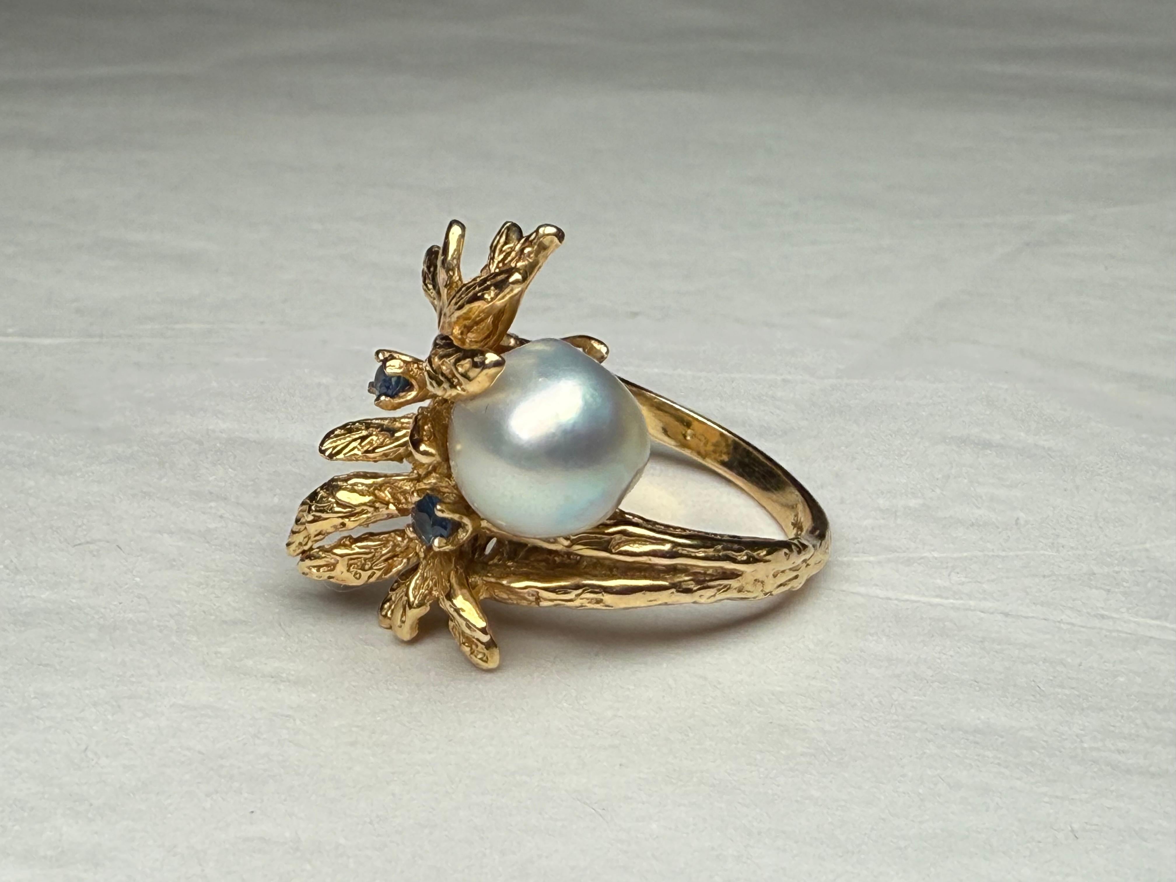 Edwardian 14K Gold Pearl And Sapphire Crossover Ring For Sale