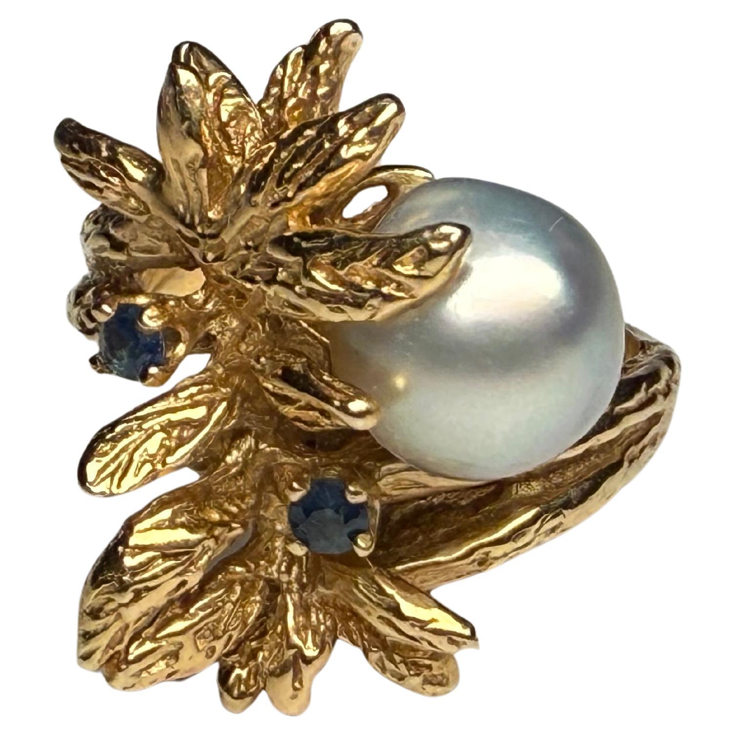 14K Gold Pearl And Sapphire Crossover Ring For Sale
