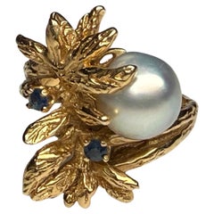 14K Gold Pearl And Sapphire Crossover Ring