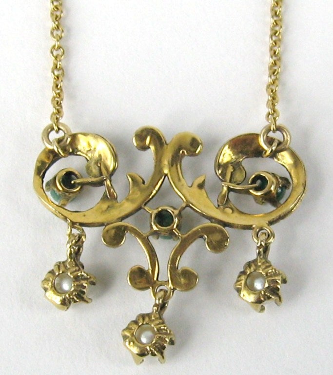 Bead 14K Gold Pearl Lavalier Necklace Art Nouveau Pendant For Sale