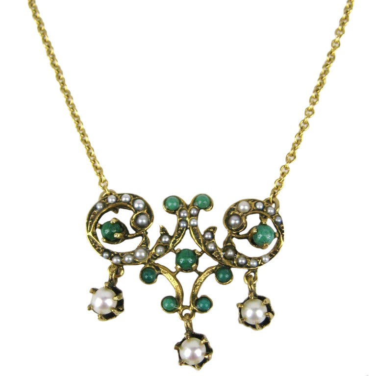 Women's 14K Gold Pearl Lavalier Necklace Art Nouveau Pendant For Sale