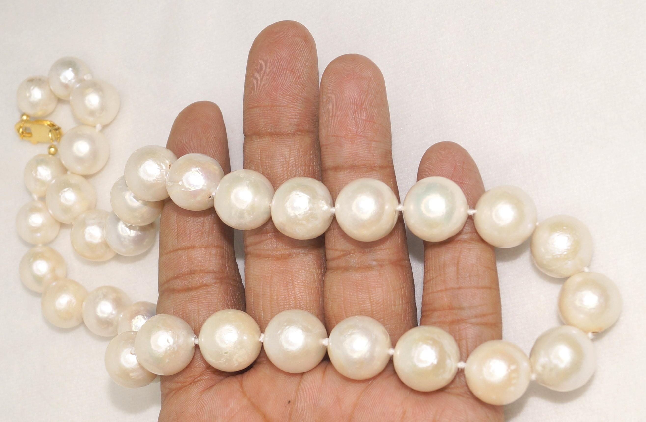 Women's or Men's 14k Gold South Sea Pearl necklace 12-15mm Big Round Wedding necklace  For Sale