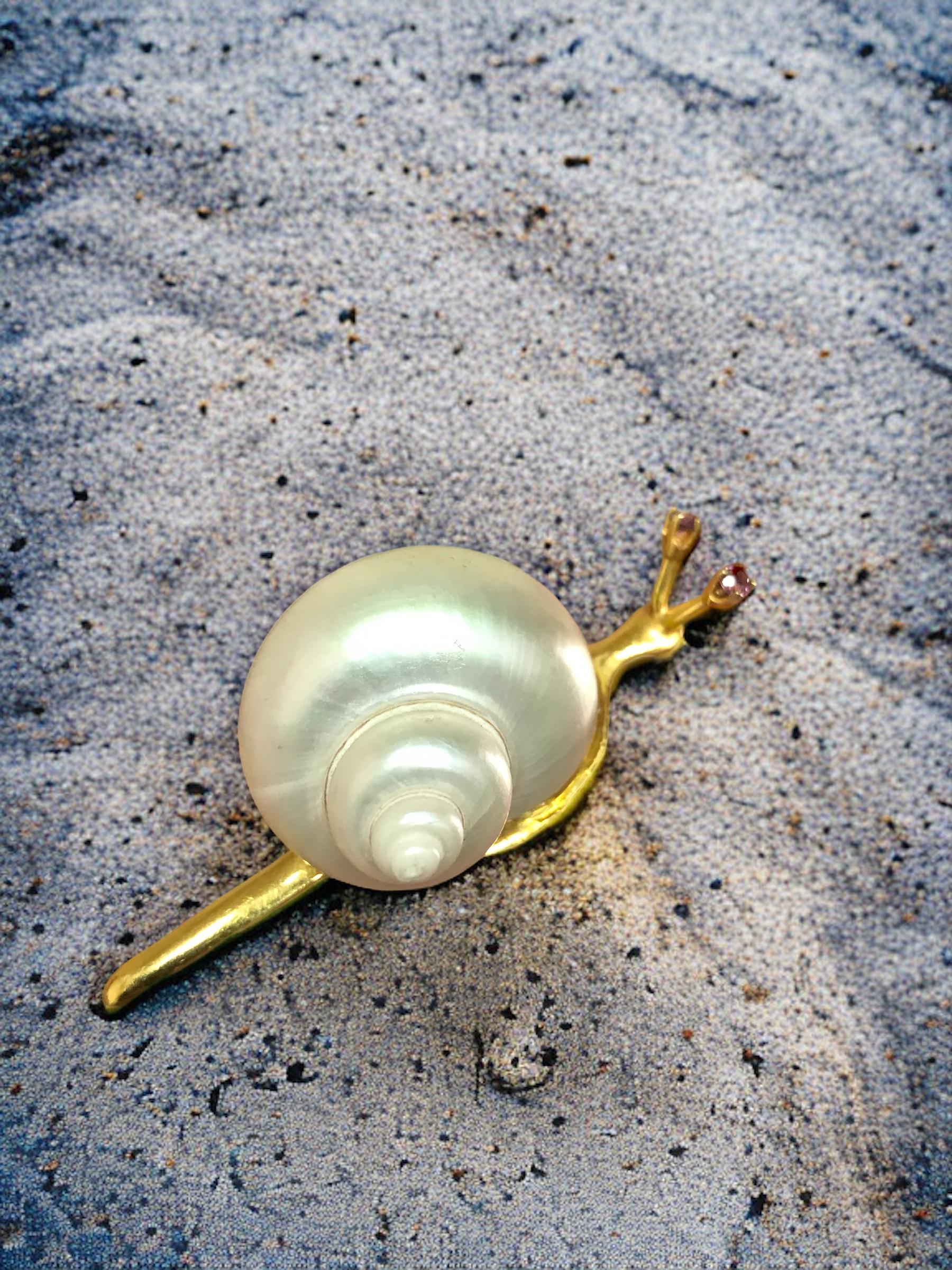 This little guy was too cute to not keep!
We have never seen a pearl shaped like this one. It was made into the perfect shell.
He is a great fun conversation starter and loves to entertain.

Brooch Details
Material: 14K Yellow Gold
Length: 2 1/4