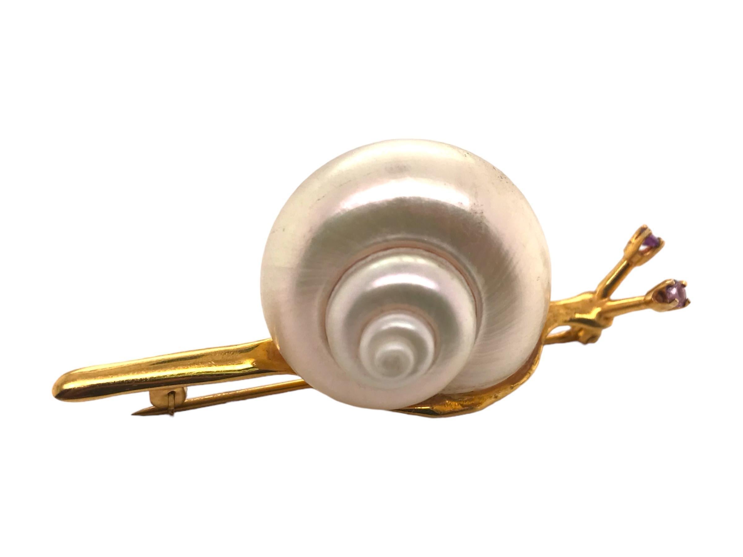 Uncut 14K Gold Pearl Snail Brooch For Sale