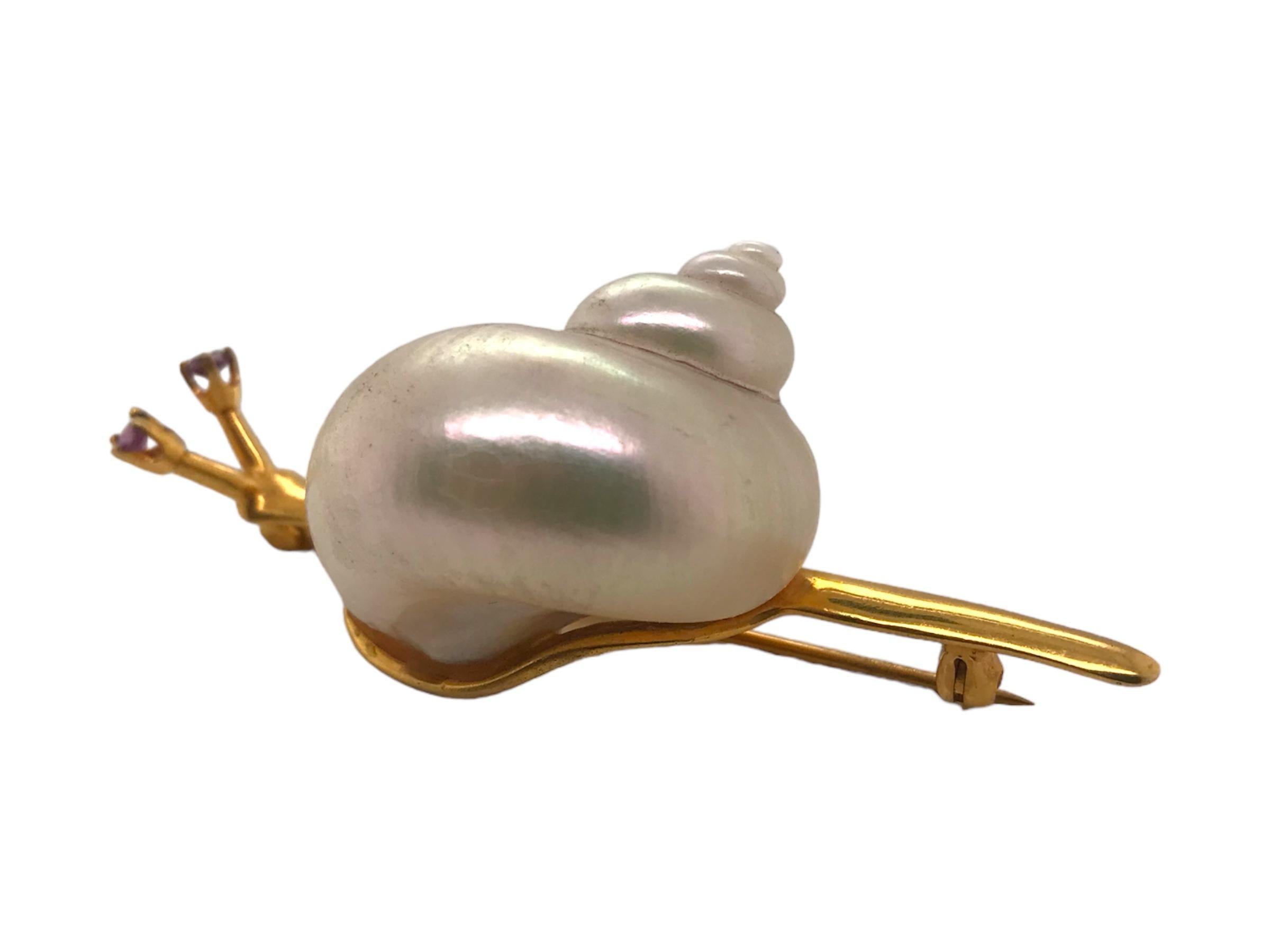 Women's 14K Gold Pearl Snail Brooch For Sale