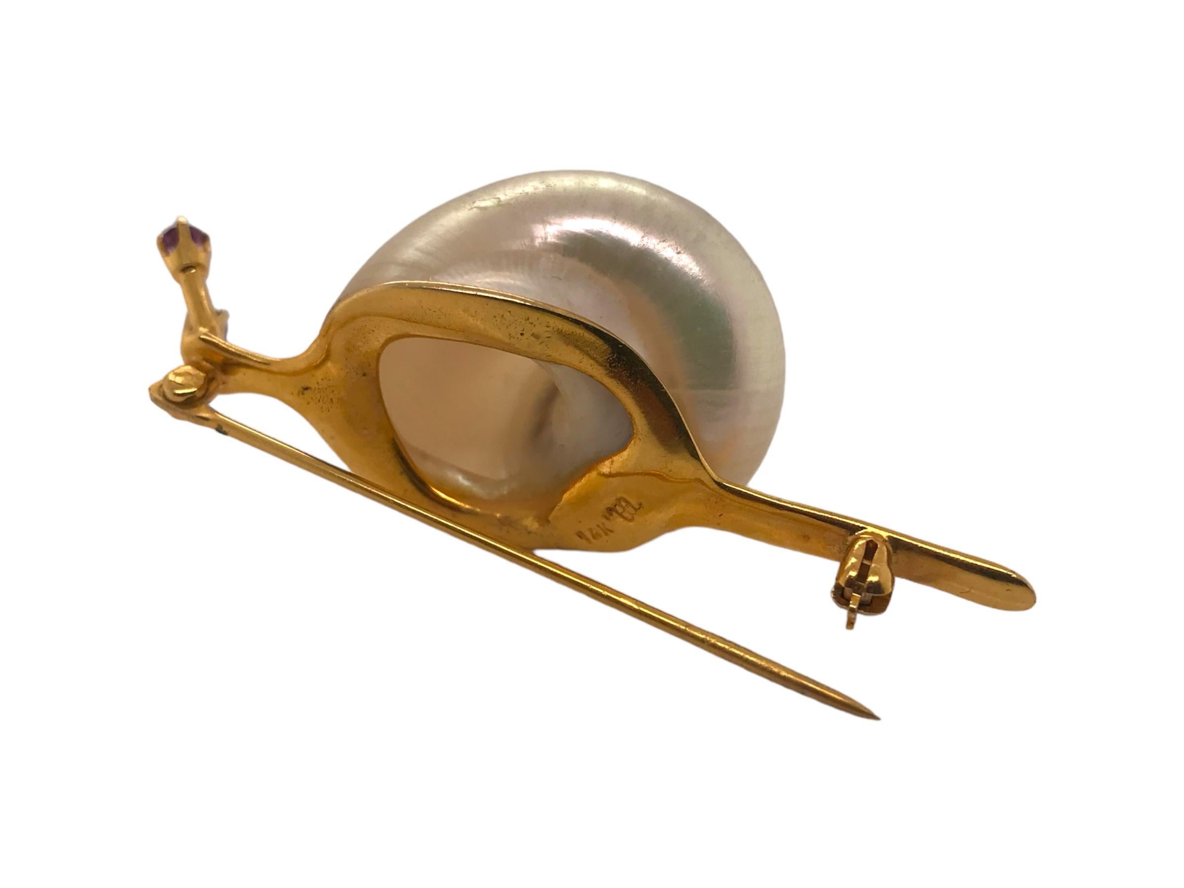 14K Gold Pearl Snail Brooch For Sale 2