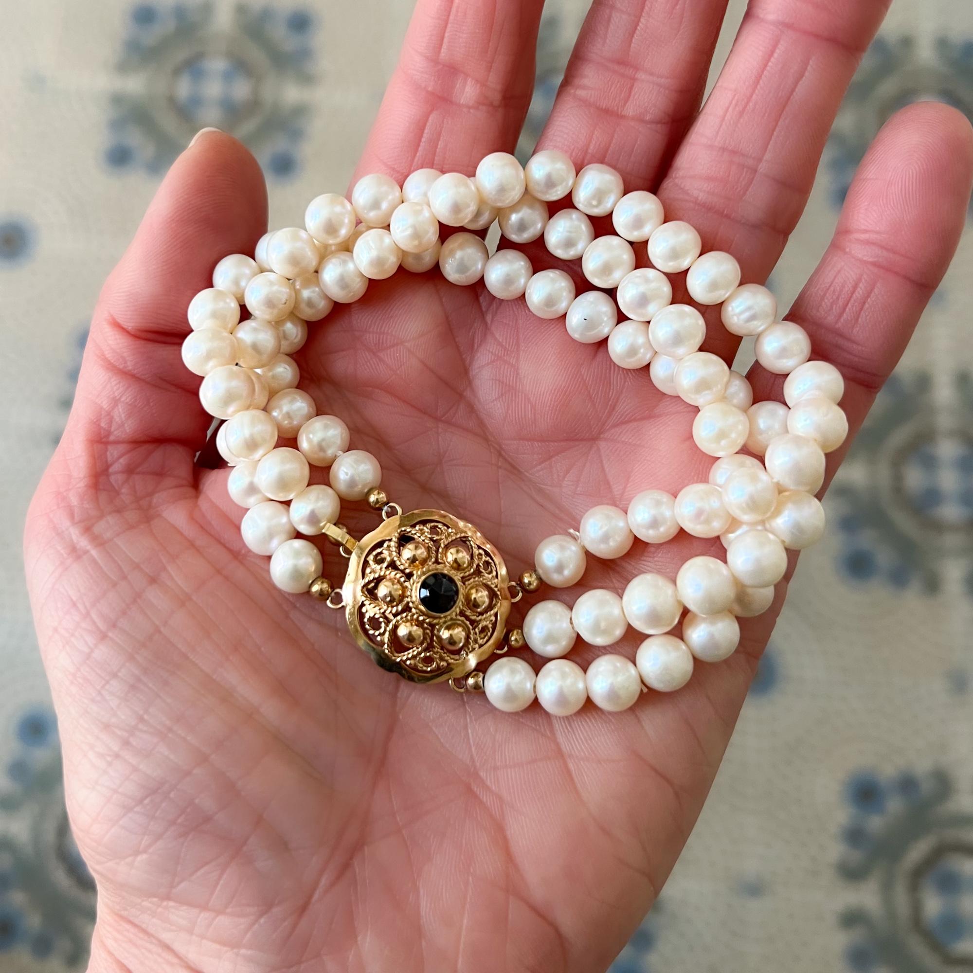 Taille ronde Bracelet vintage en or 14 carats avec perles de culture et perles de grenat en vente