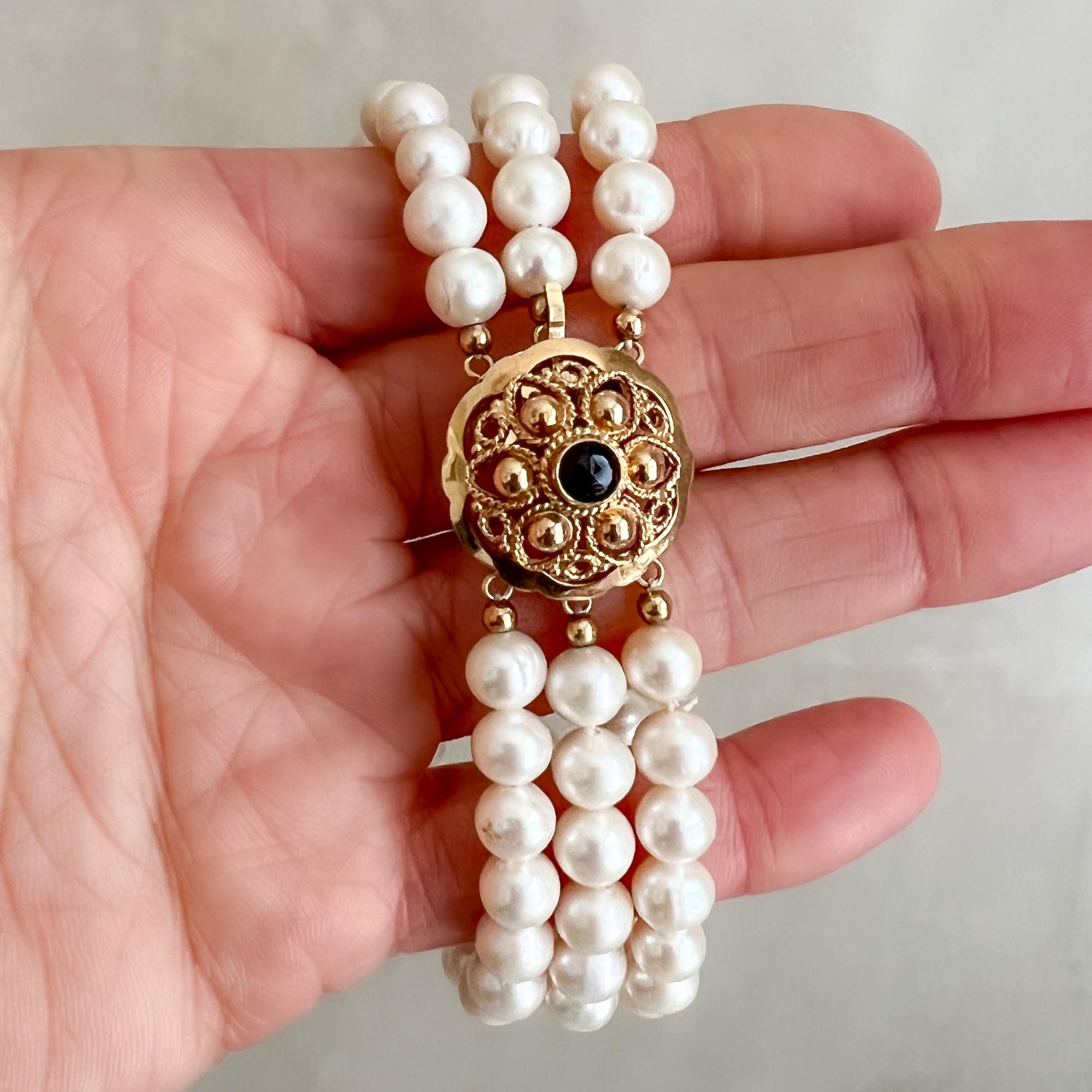 Bracelet vintage en or 14 carats avec perles de culture et perles de grenat en vente 1
