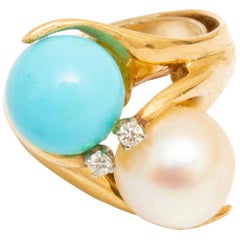 14 Karat Gold Pearl, Turquoise and Diamond Ring