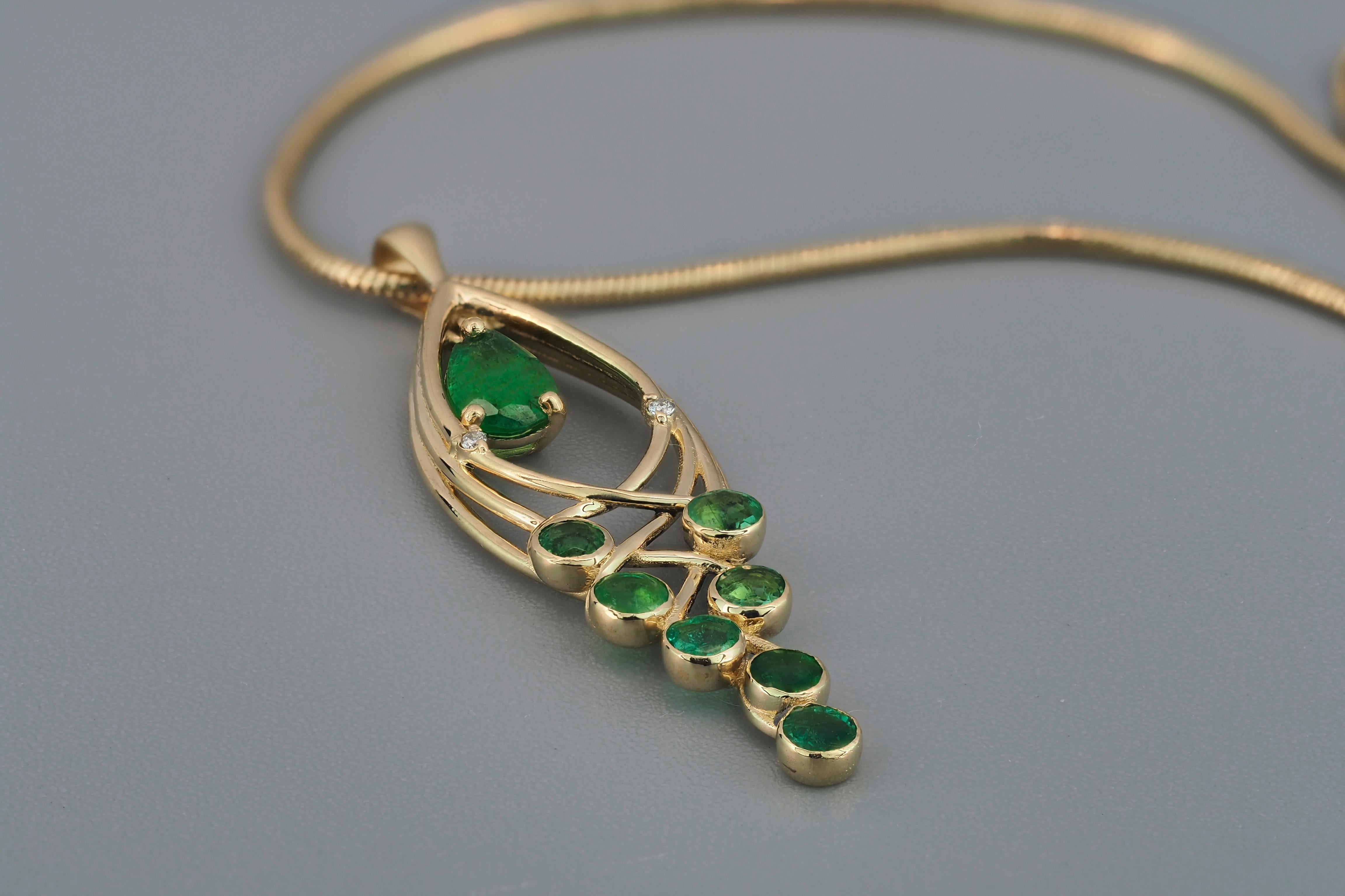 Modern 14k Gold Pendant with Emerald, Emeralds and Diamonds, Leaf Pendant For Sale