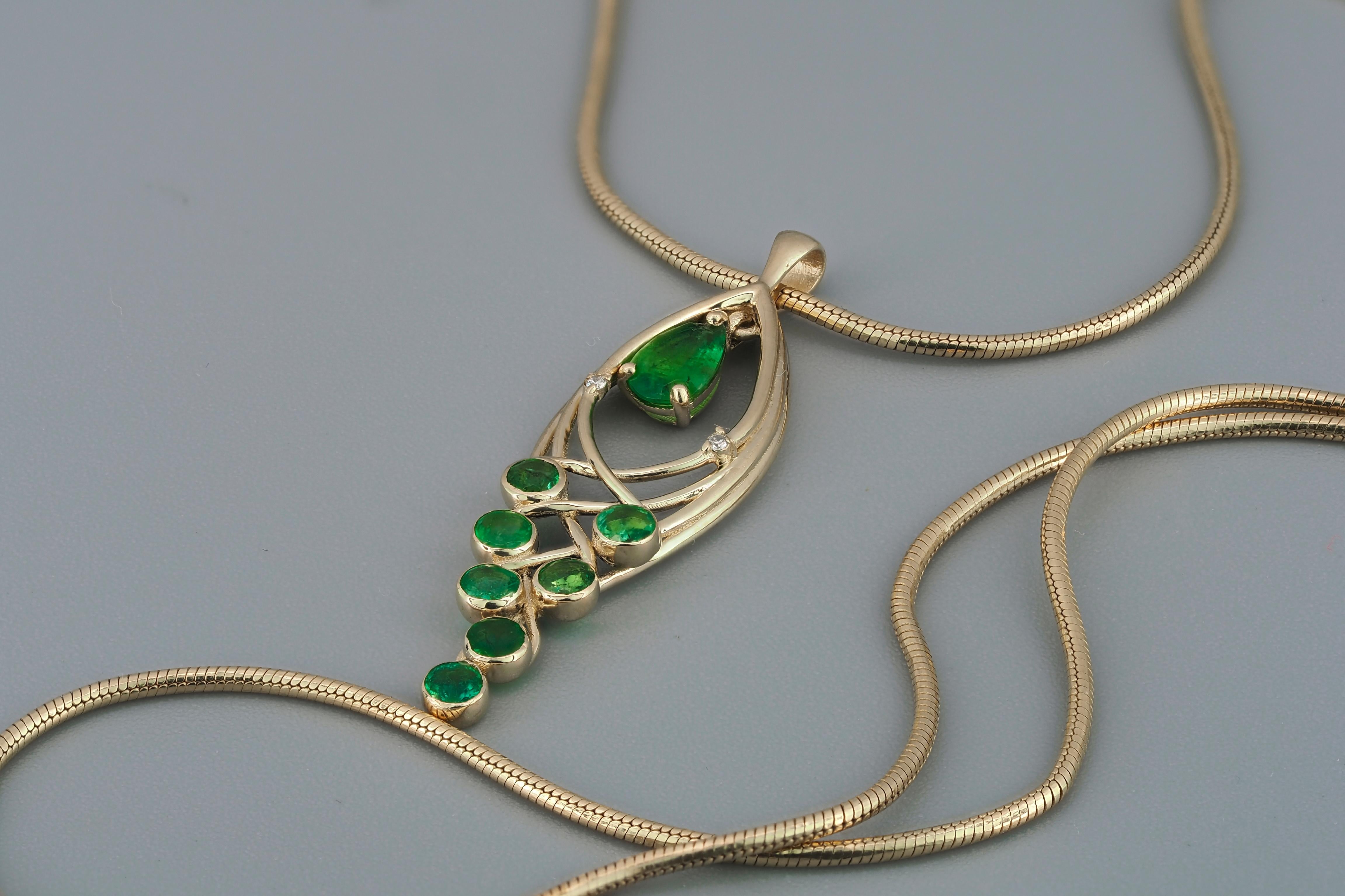 Pear Cut 14k Gold Pendant with Emerald, Emeralds and Diamonds, Leaf Pendant For Sale