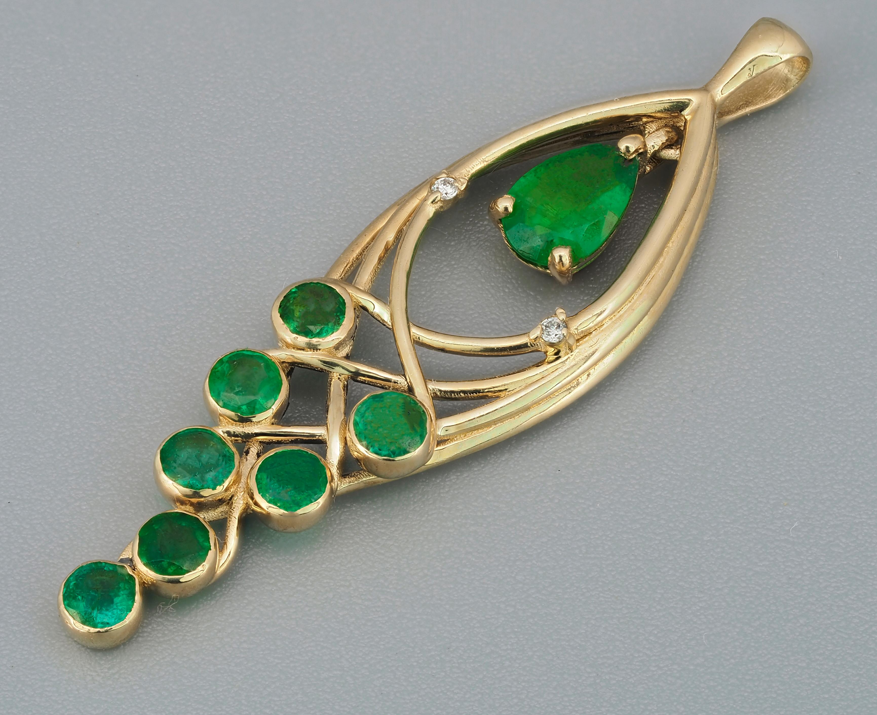 Women's 14k Gold Pendant with Emerald, Emeralds and Diamonds, Leaf Pendant For Sale